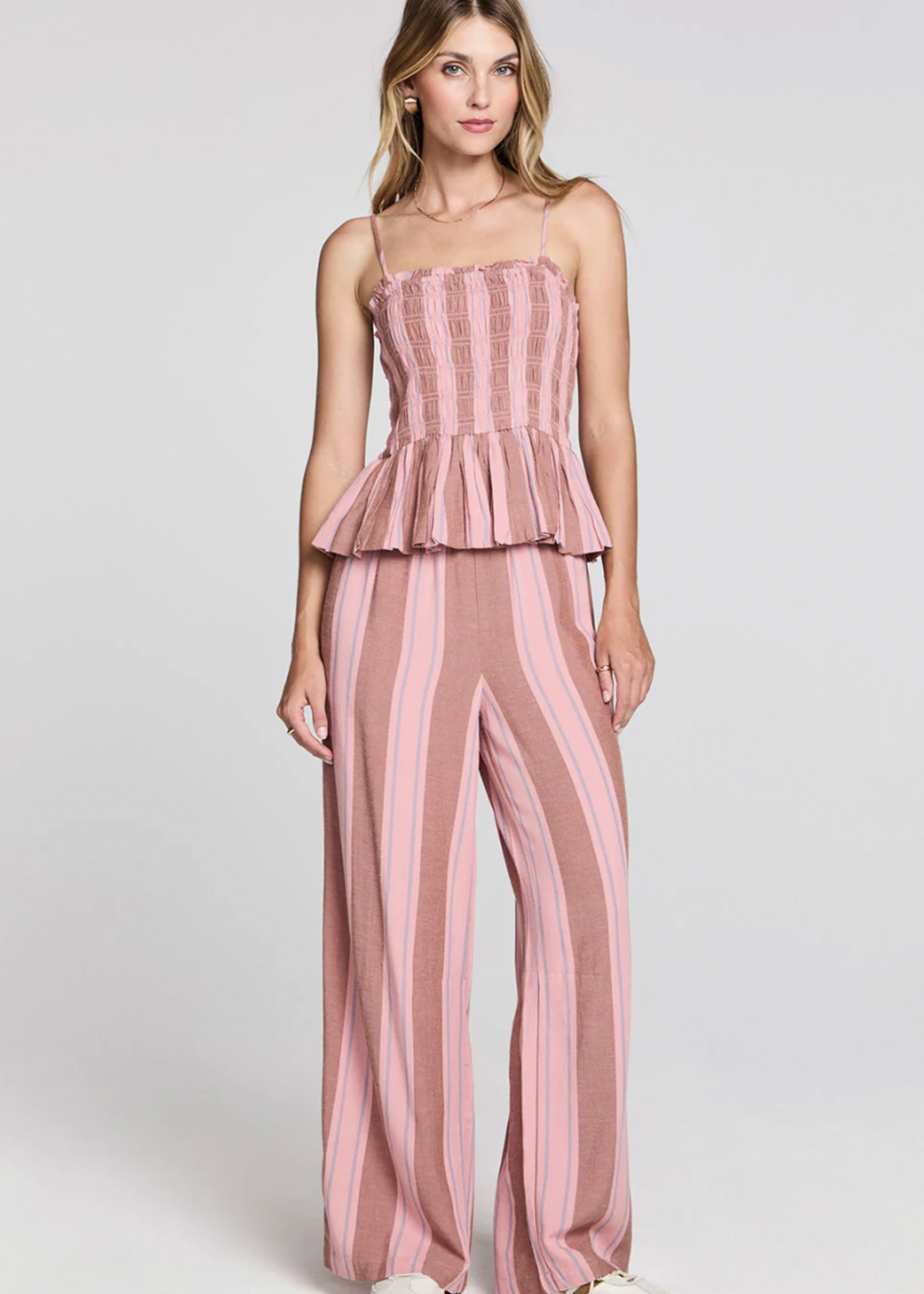 Striped Coffee Pull-On Linen Pants