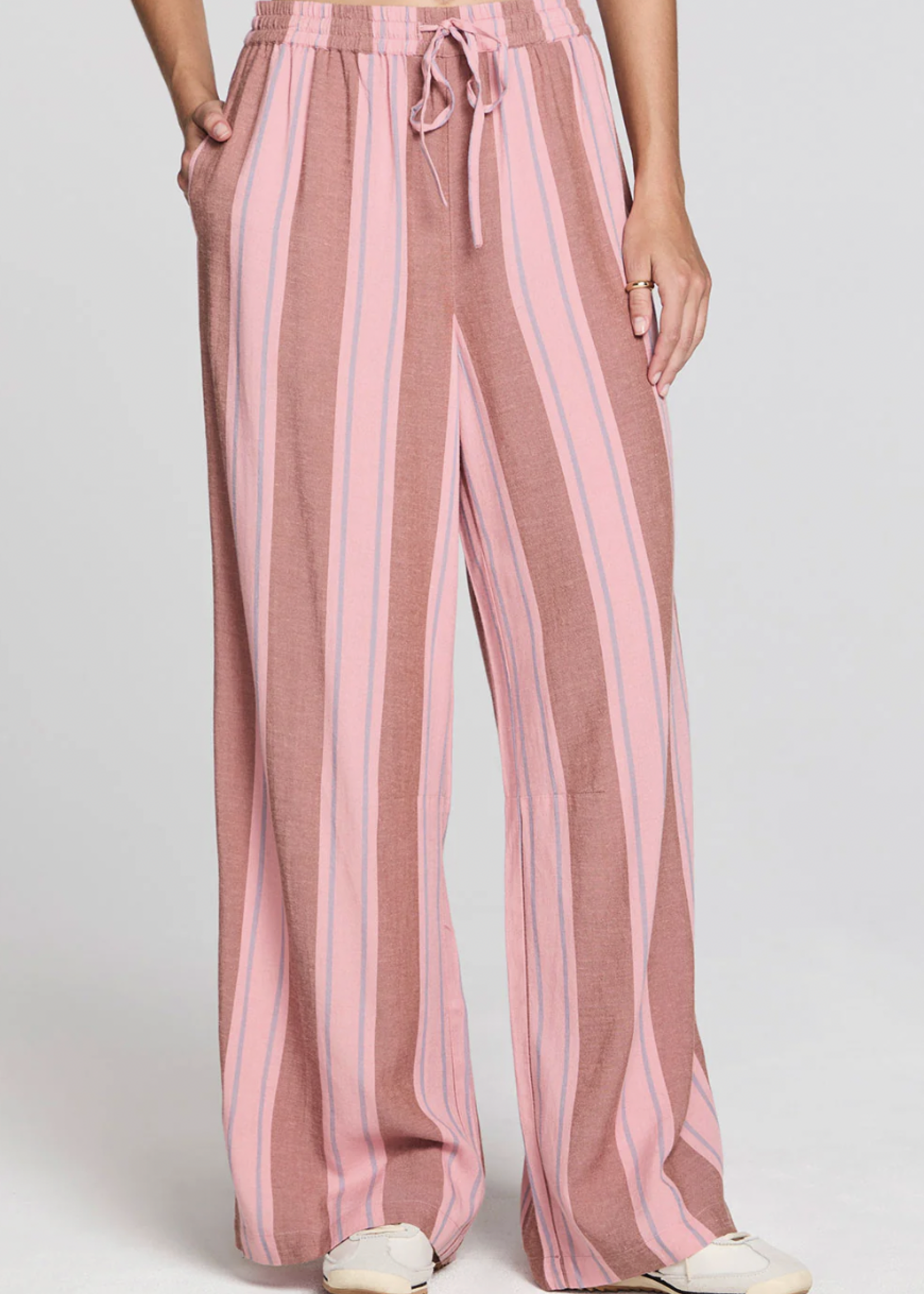 Striped Coffee Pull-On Linen Pants