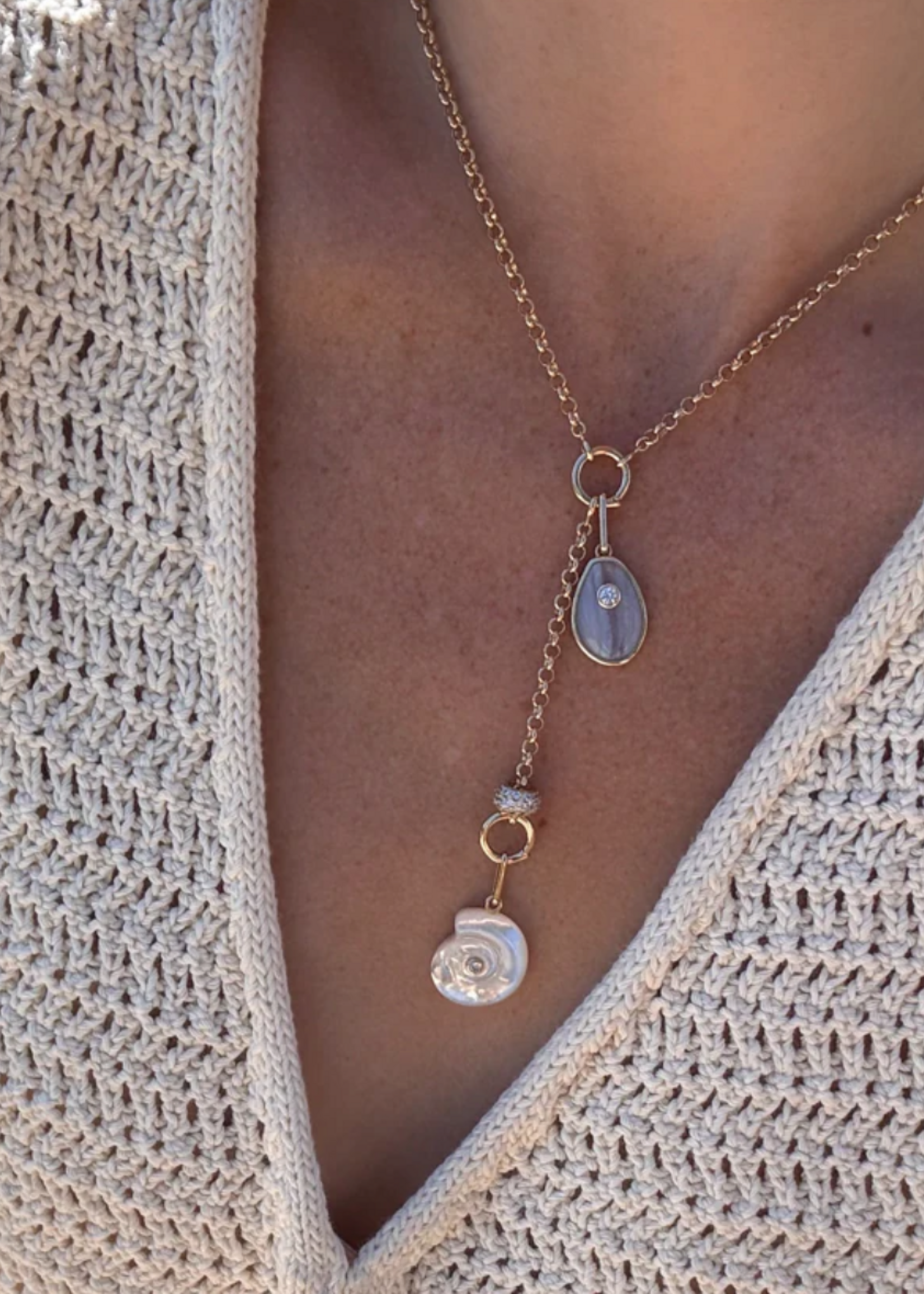 Isola Blue Lace and Mother Of Pearl Lariat Necklace