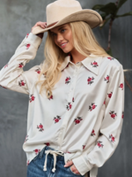 Rose Print Satin Button-Up Blouse
