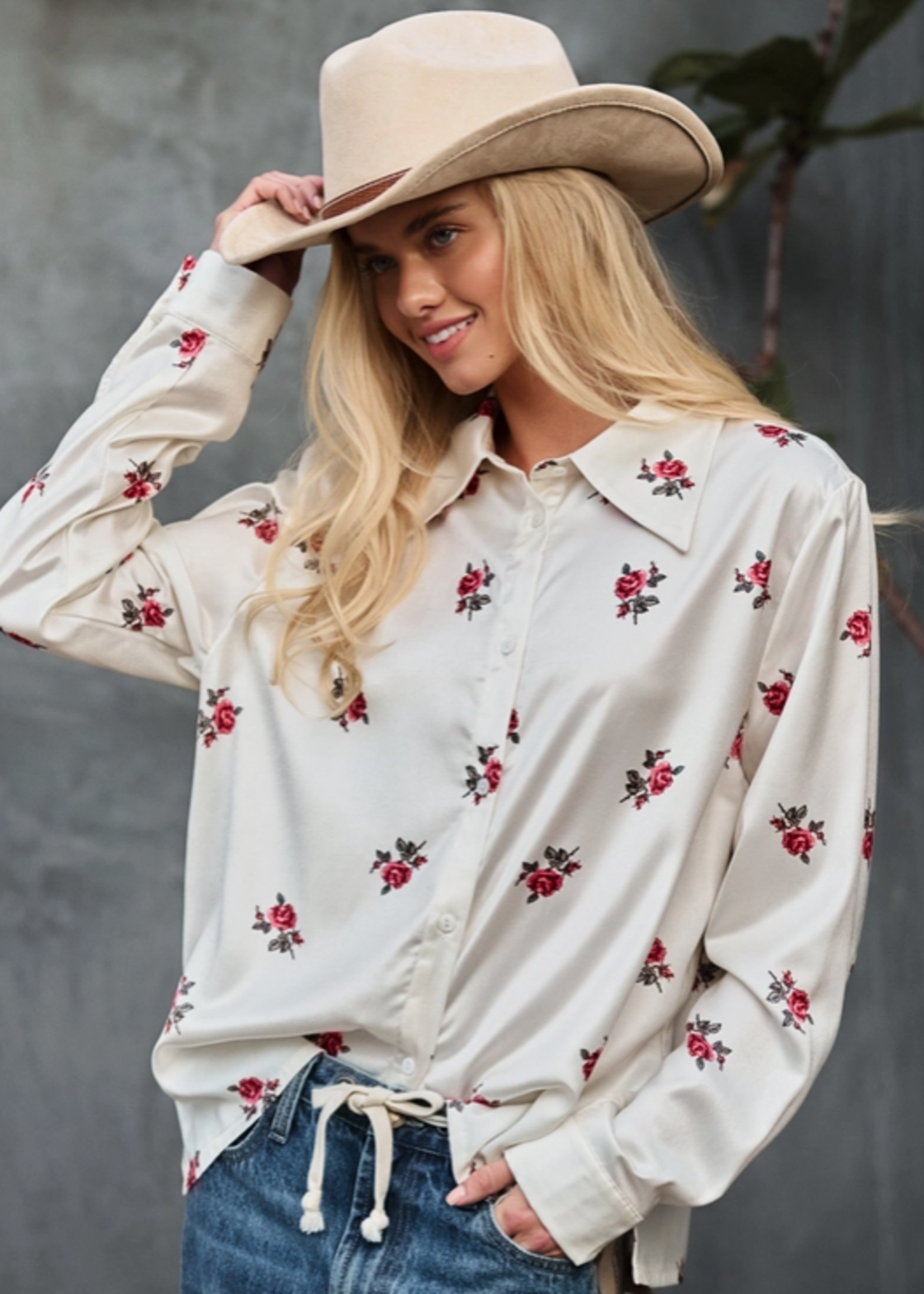 Rose Print Satin Button-Up Blouse