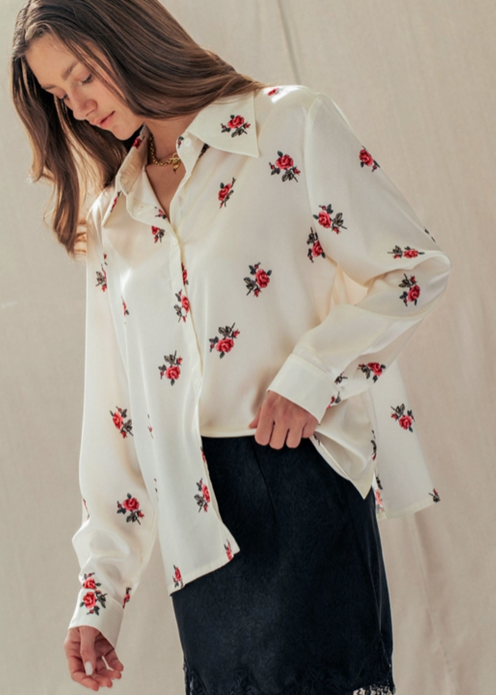 Rose Print Satin Button-Up Blouse
