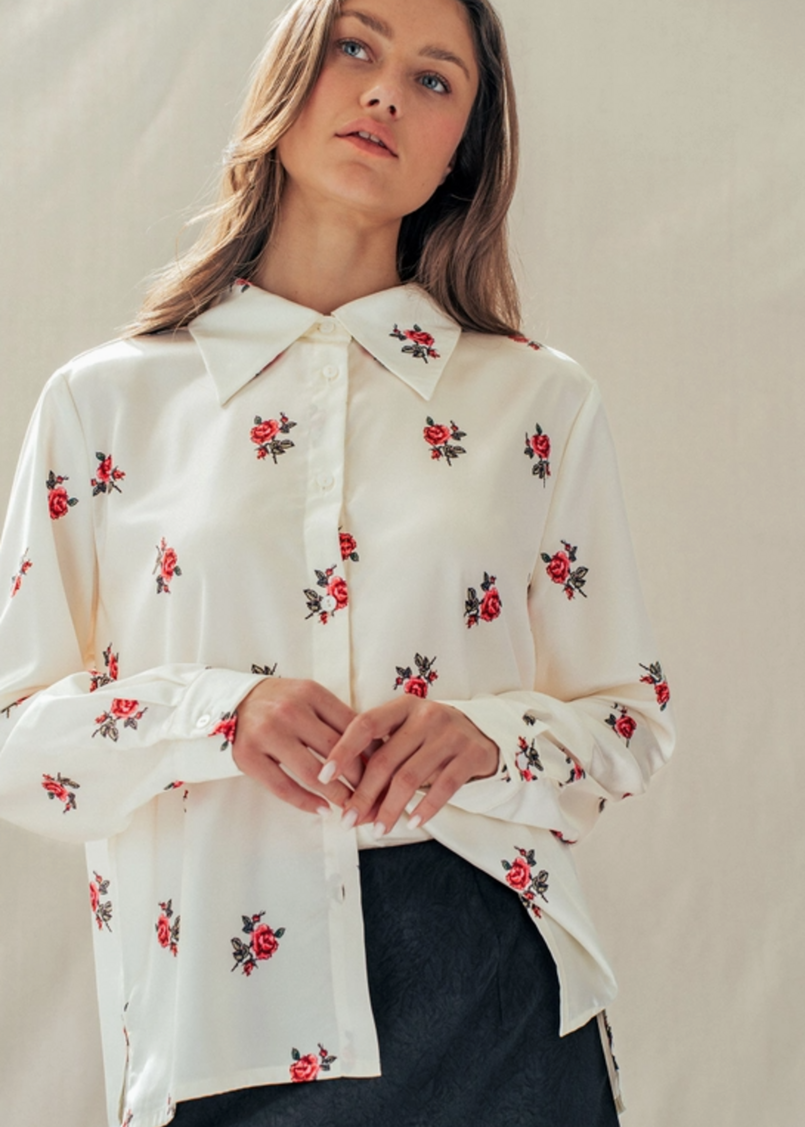 Rose Print Satin Button-Up Blouse