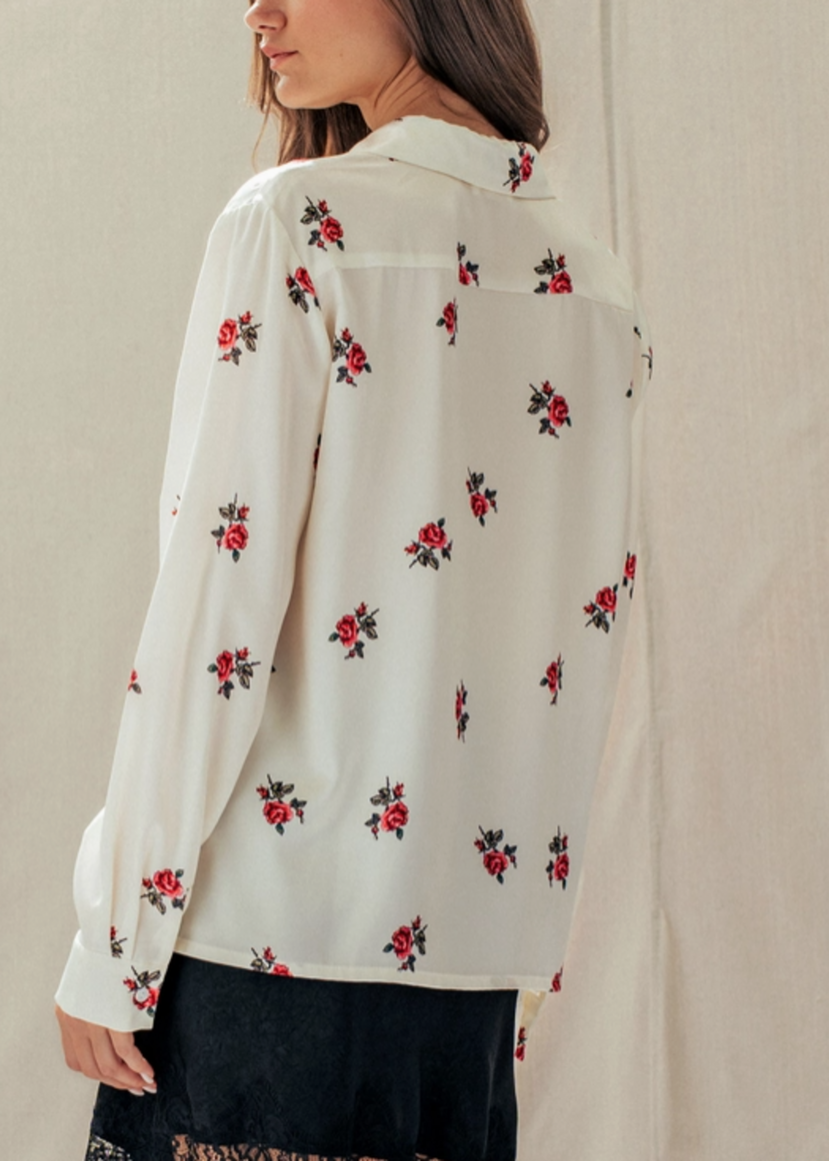 Rose Print Satin Button-Up Blouse