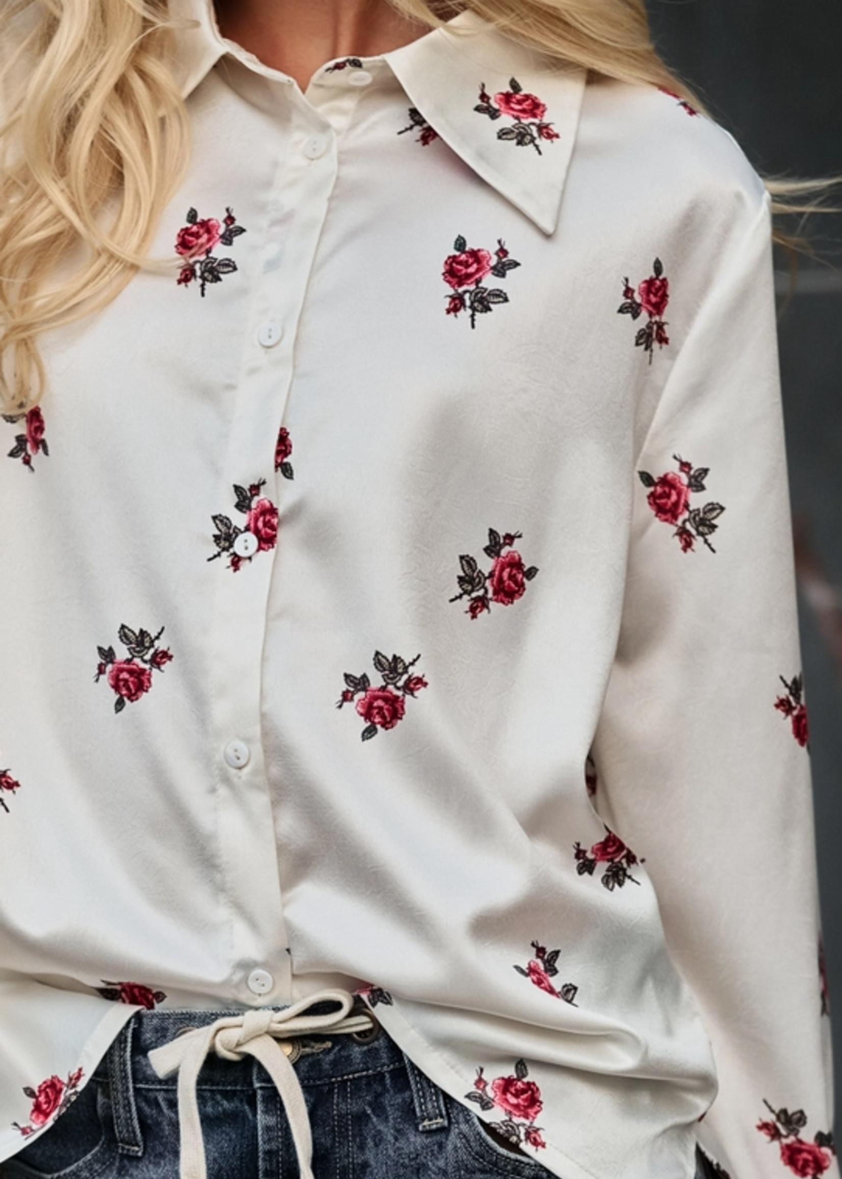 Rose Print Satin Button-Up Blouse
