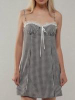 Sweetheart Gingham Tie-Front Black Mini Dress