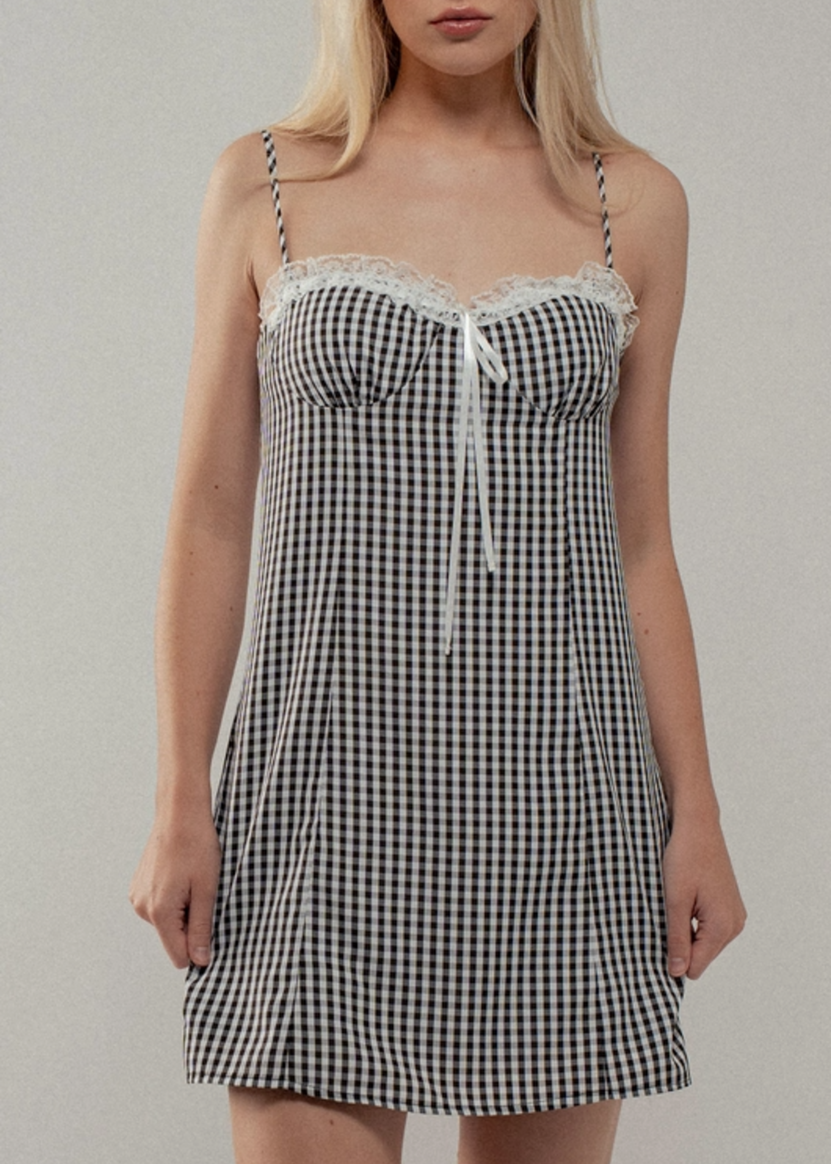 Sweetheart Gingham Tie-Front Black Mini Dress