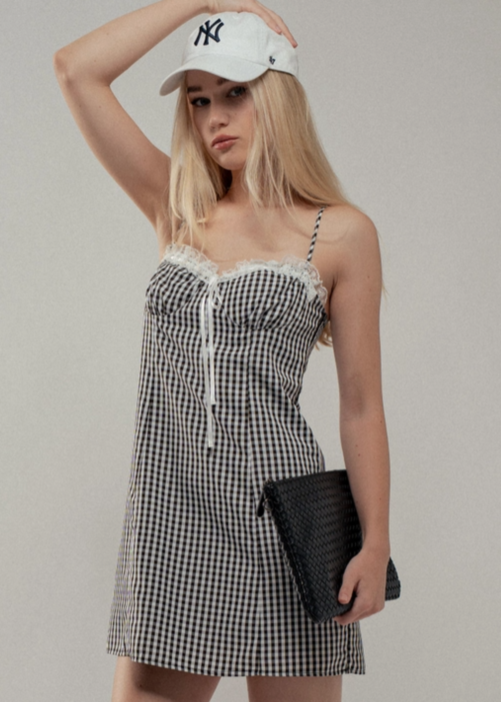 Sweetheart Gingham Tie-Front Black Mini Dress