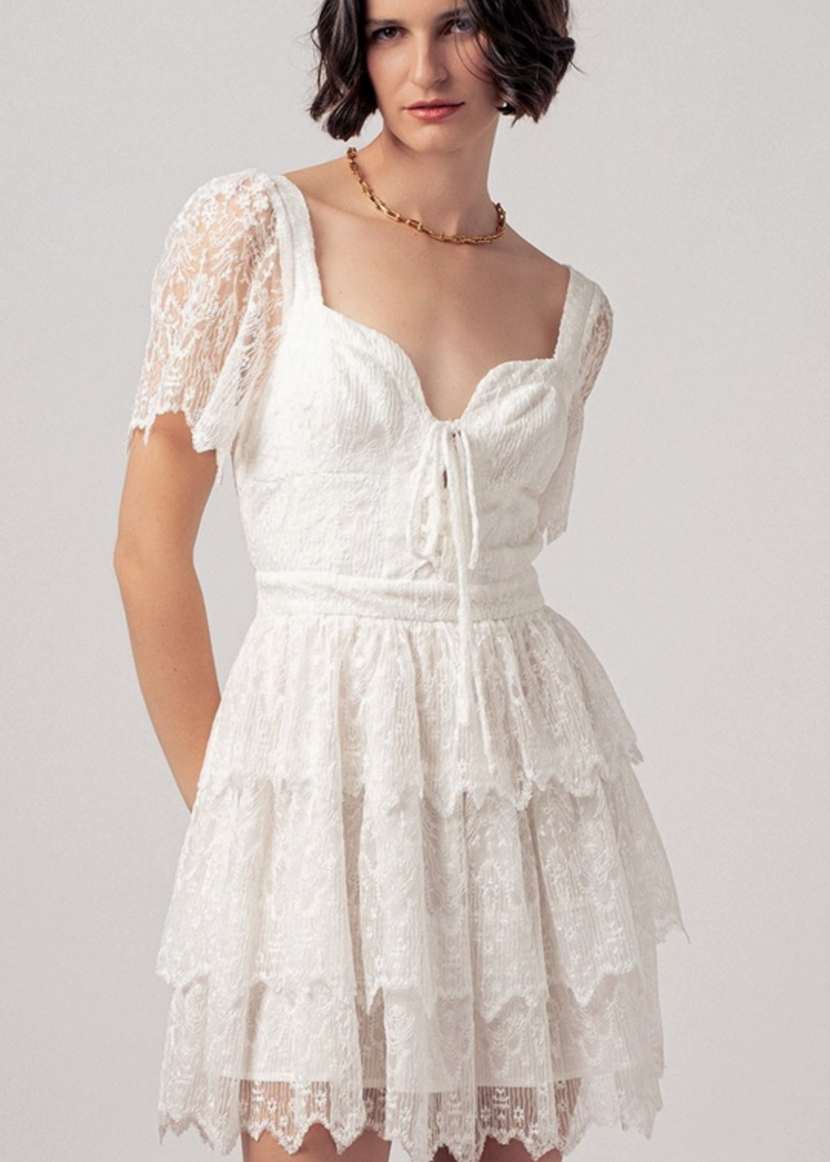 Tiered White Lace Mini Dress with Corset Bodice
