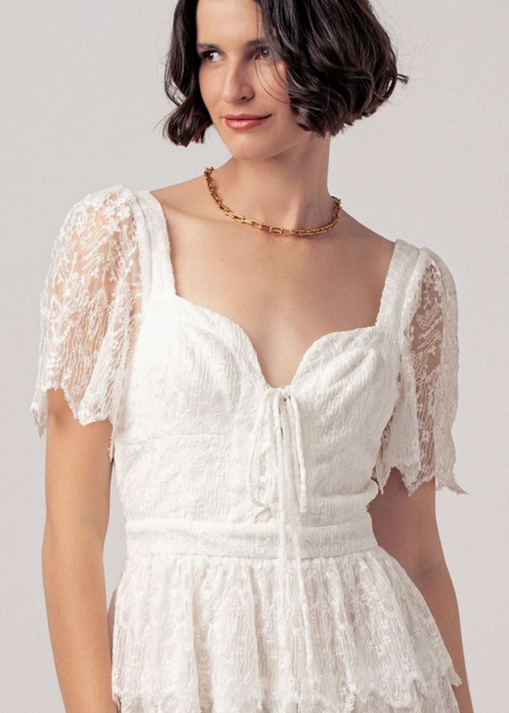 Tiered White Lace Mini Dress with Corset Bodice