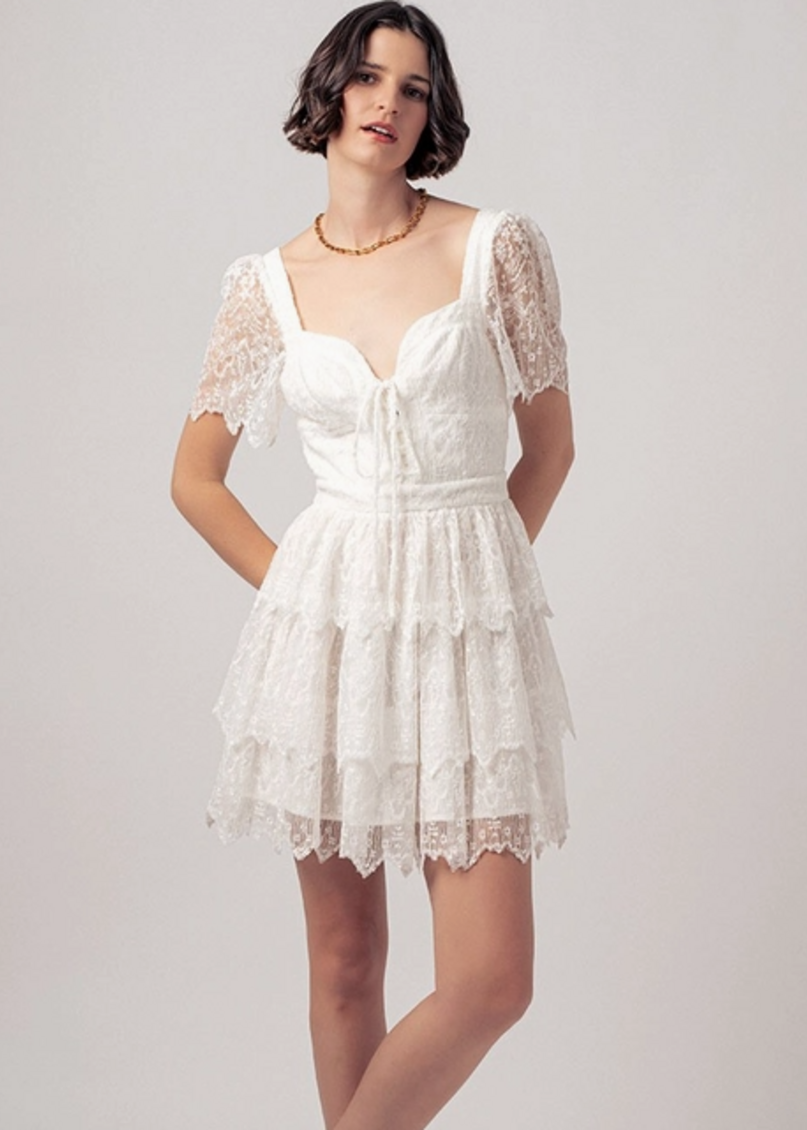 Tiered White Lace Mini Dress with Corset Bodice