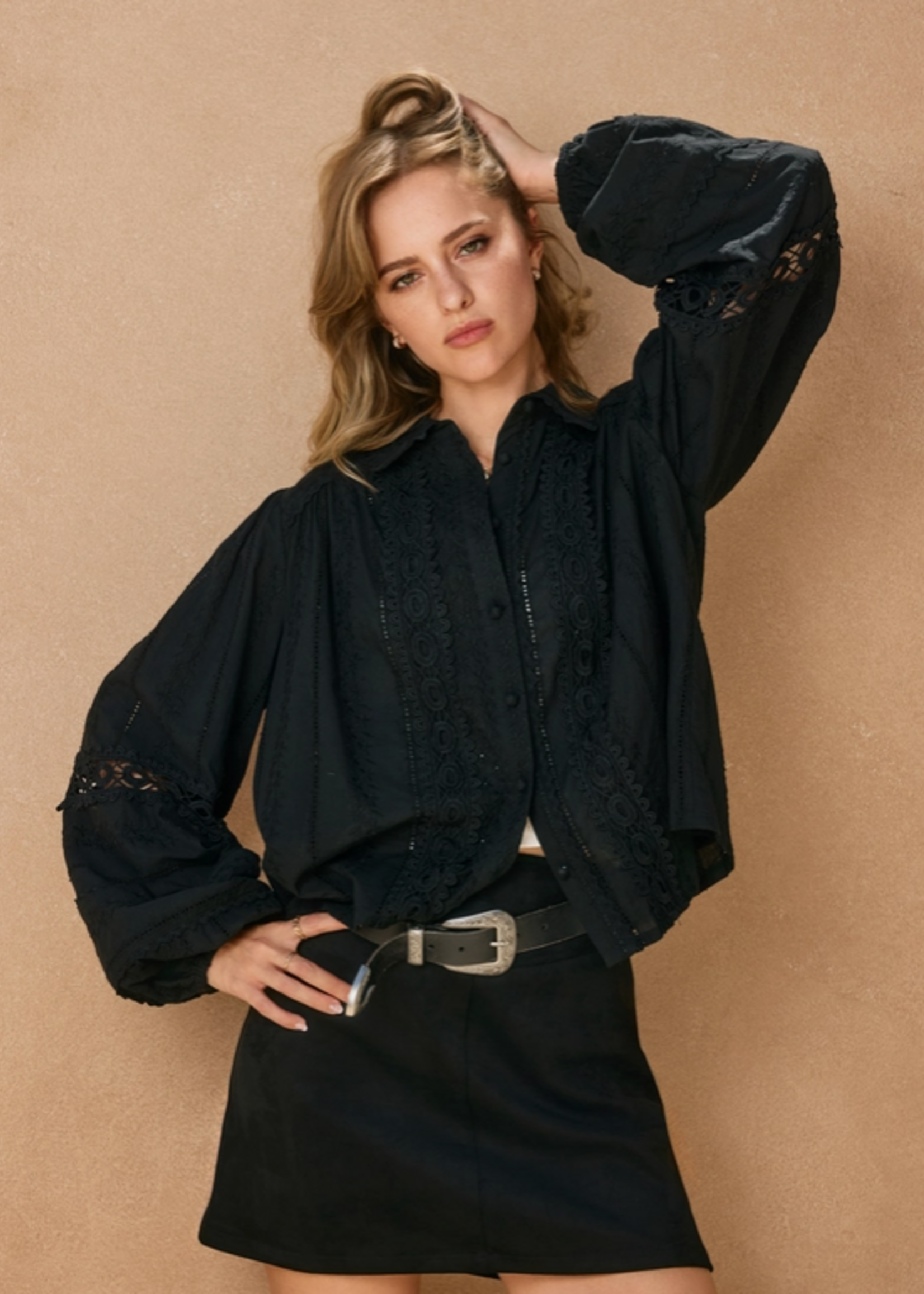 Eyelet Bubble Sleeve Blouse
