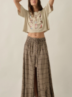 Plaid Button-Front Ruffle-Hem Drawstring Maxi Skirt