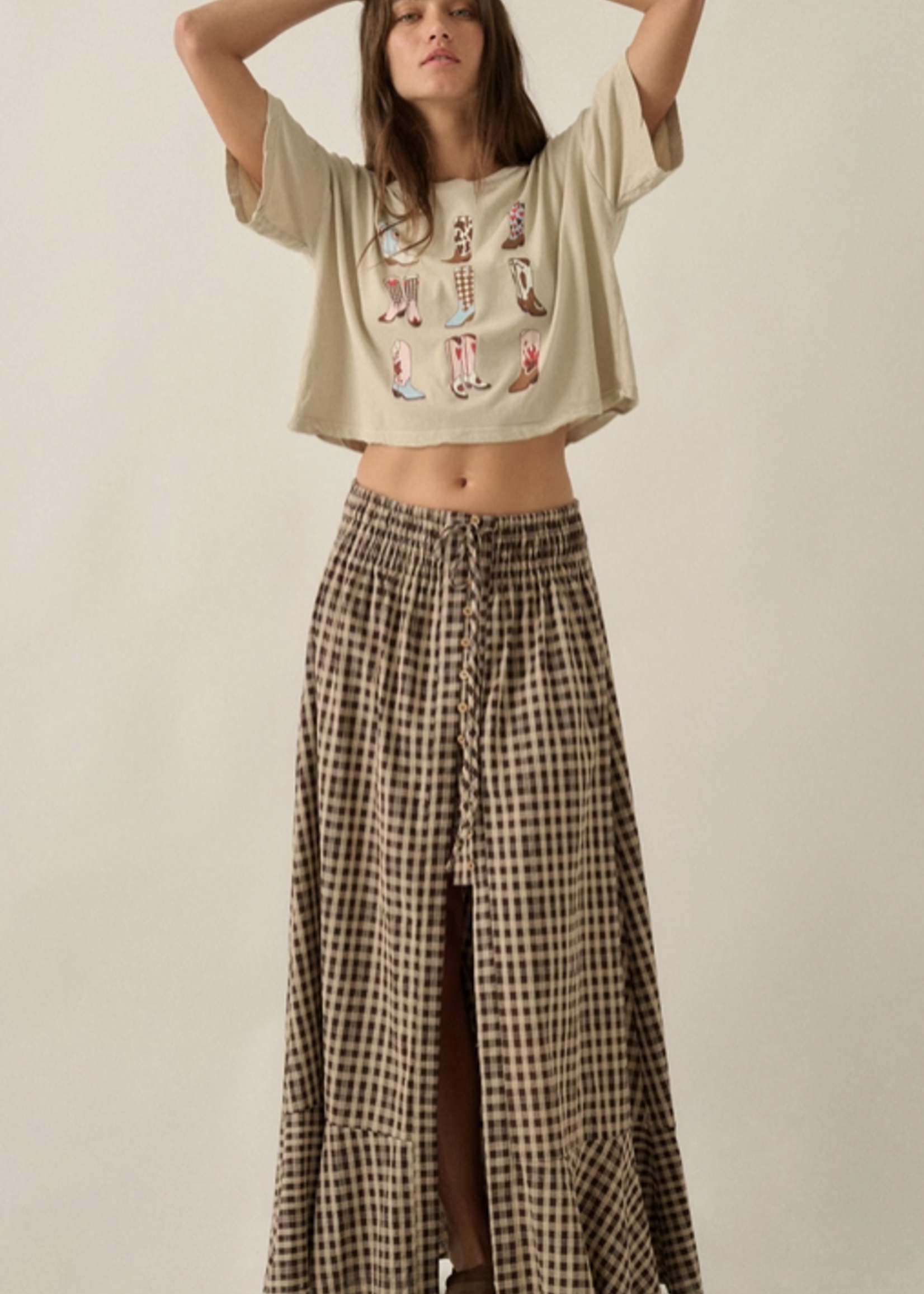 Plaid Button-Front Ruffle-Hem Drawstring Maxi Skirt