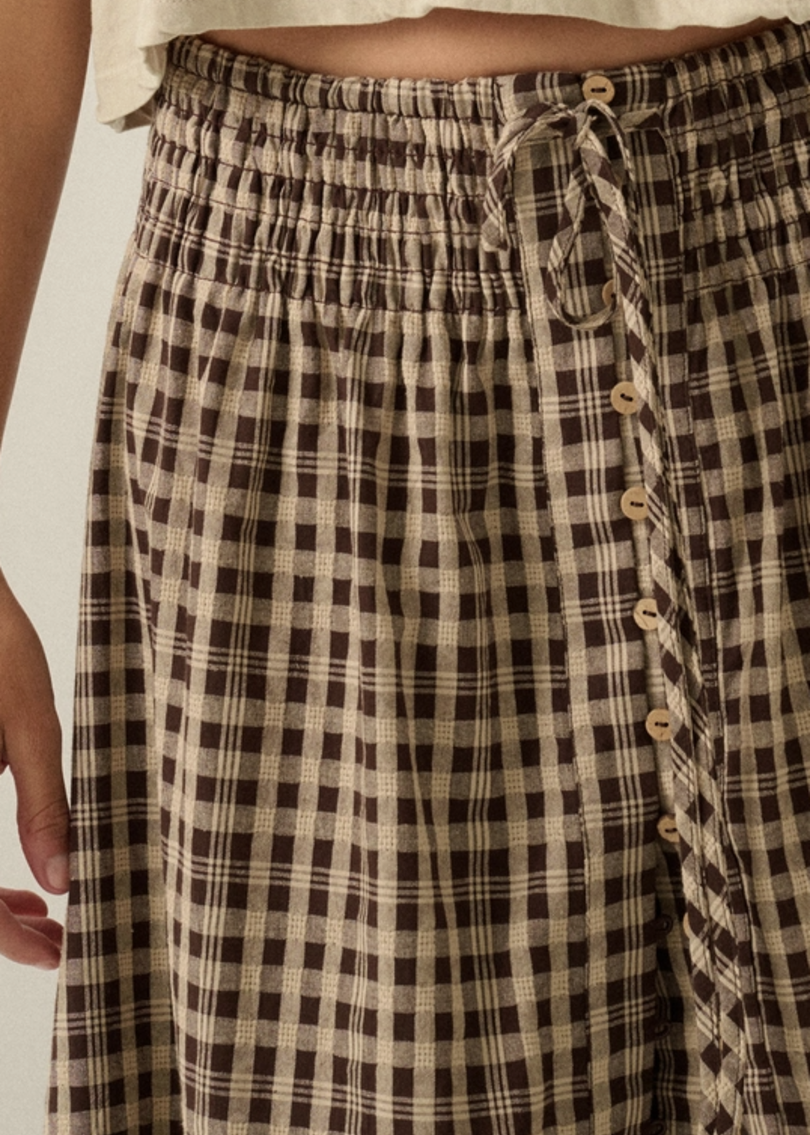 Plaid Button-Front Ruffle-Hem Drawstring Maxi Skirt