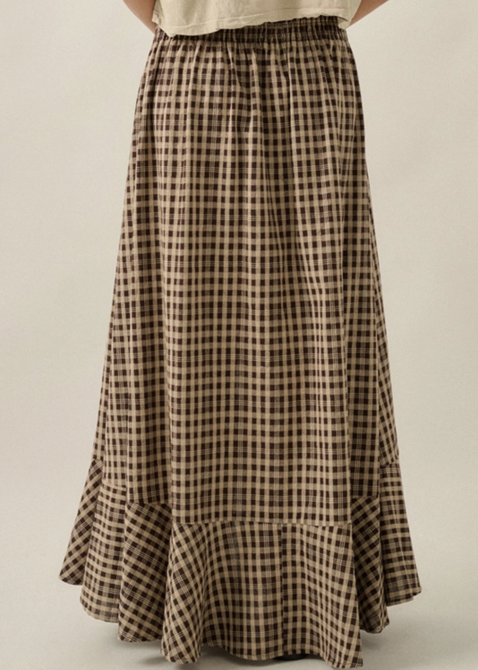 Plaid Button-Front Ruffle-Hem Drawstring Maxi Skirt