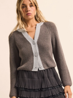 Ribbed Knit Contrast Cardigan Sweater Grey