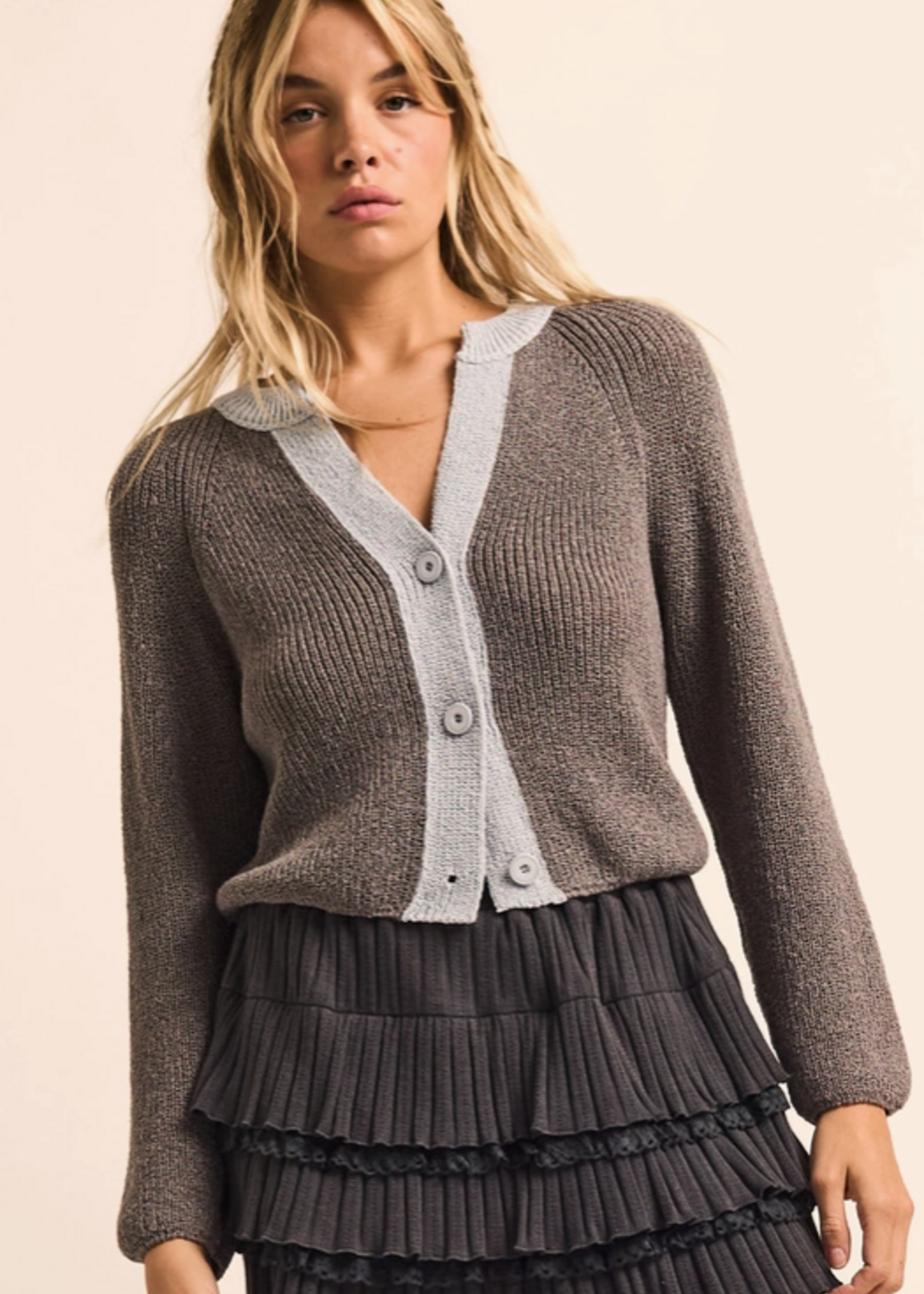 Ribbed Knit Contrast Cardigan Sweater Grey