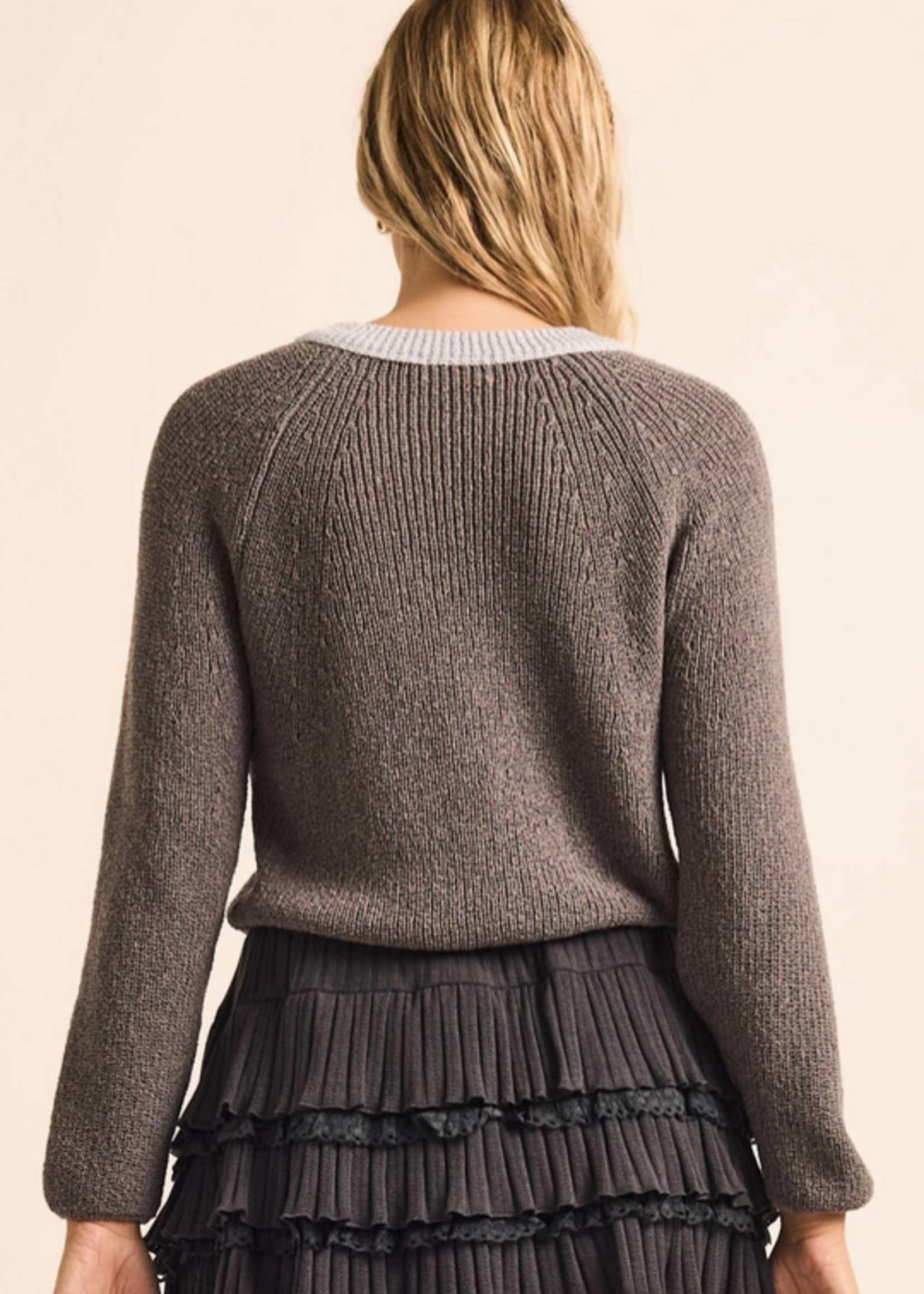Ribbed Knit Contrast Cardigan Sweater Grey