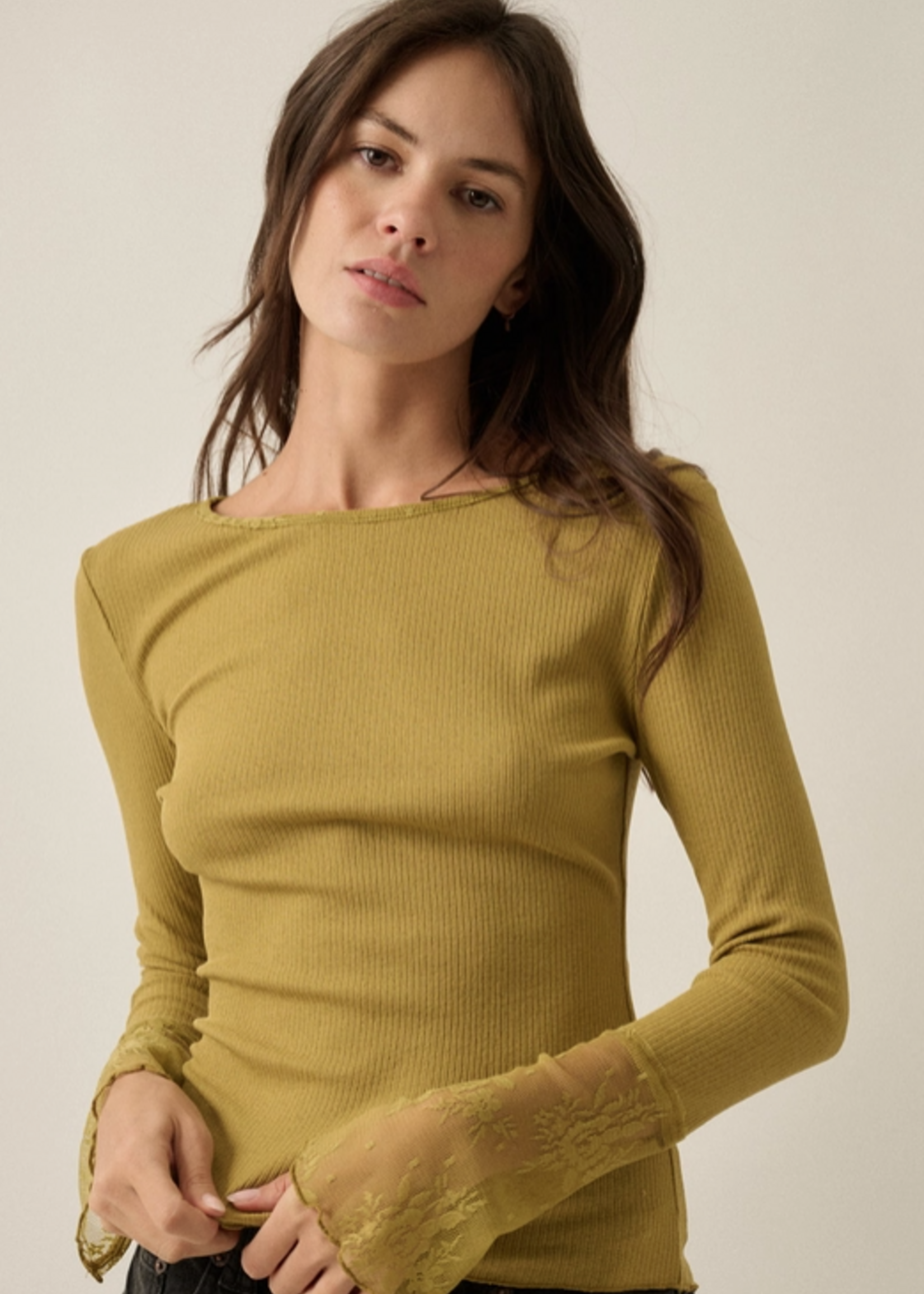 Ribbed Lace-Cuff Fitted Top