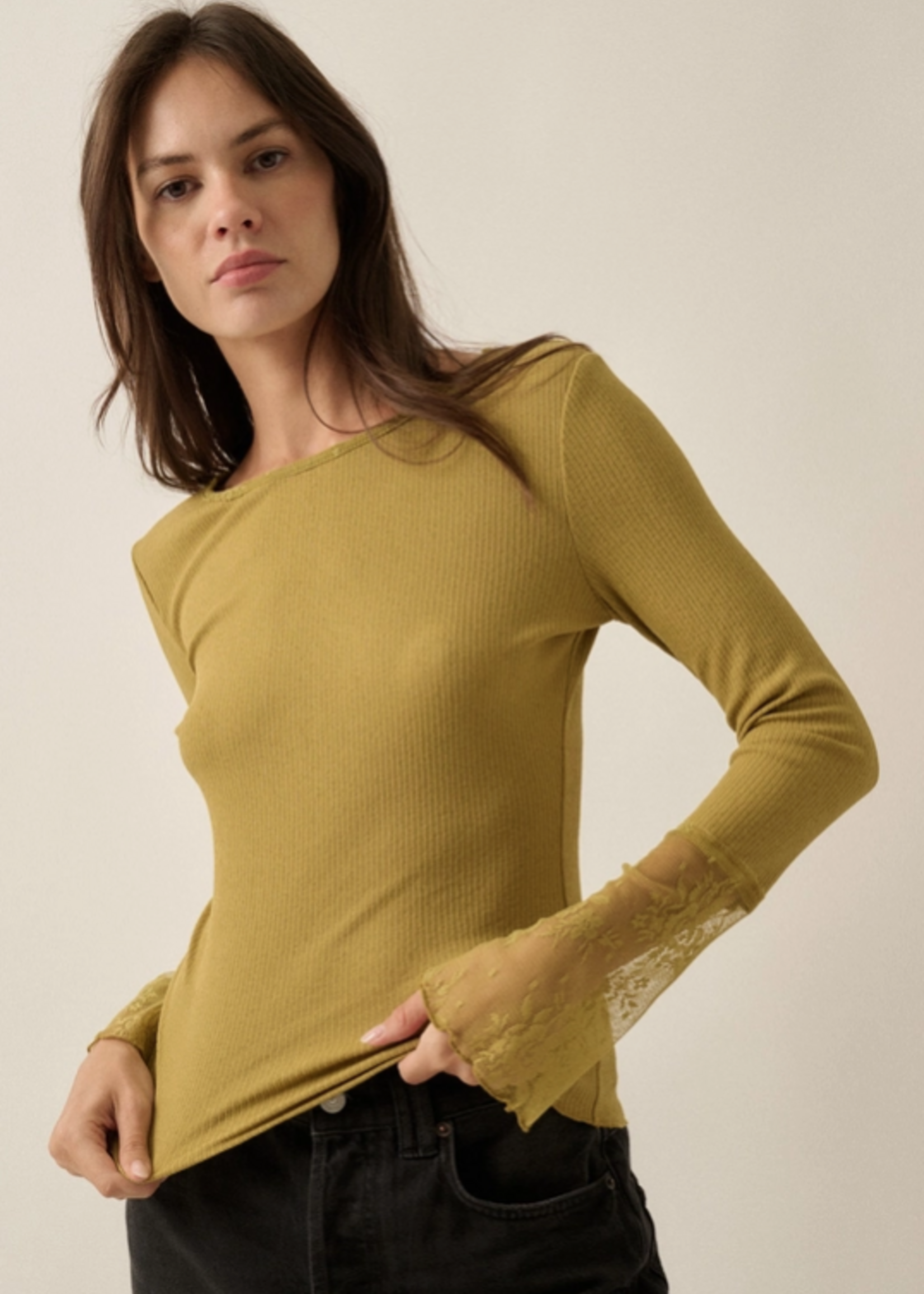Ribbed Lace-Cuff Fitted Top