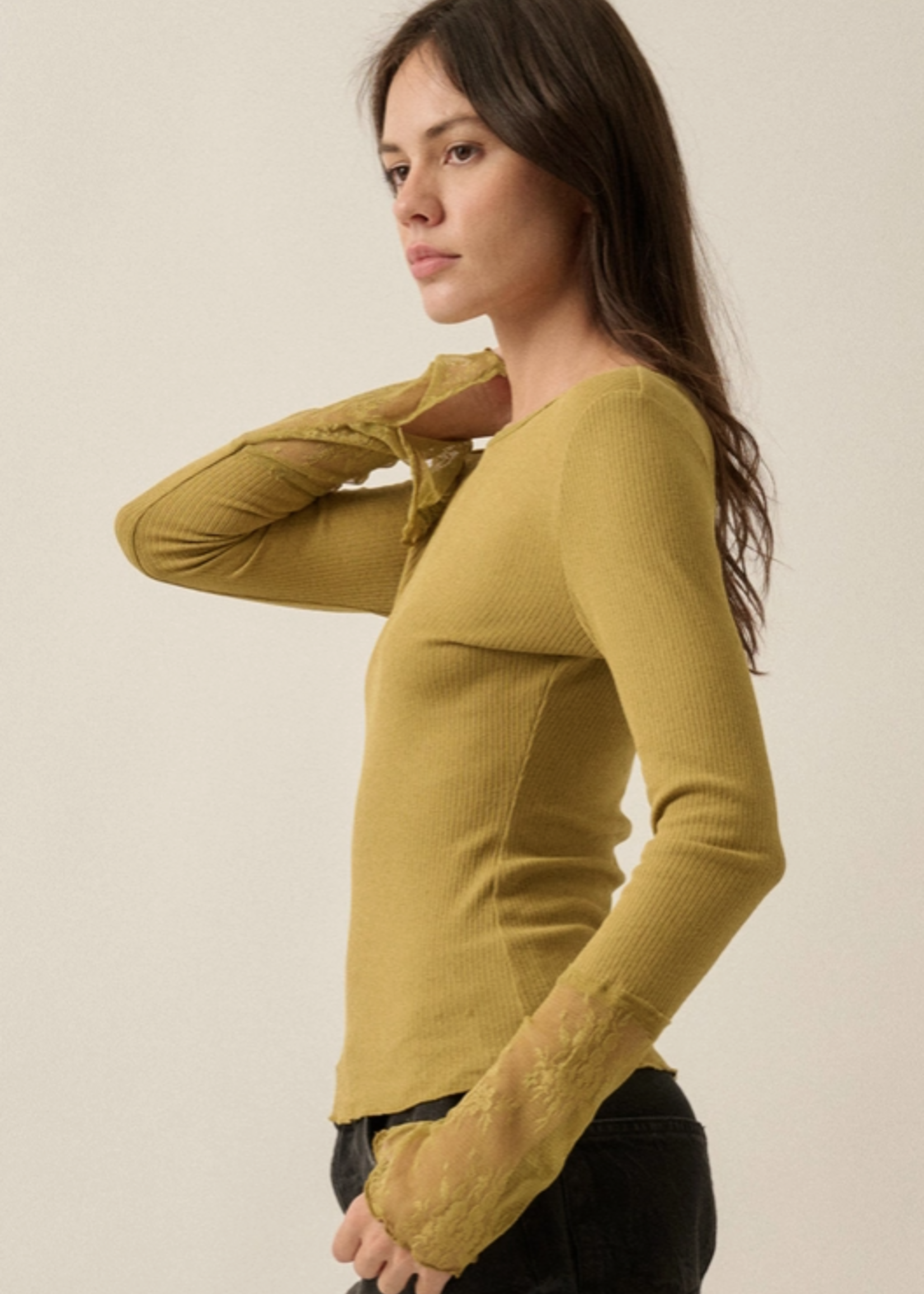 Ribbed Lace-Cuff Fitted Top