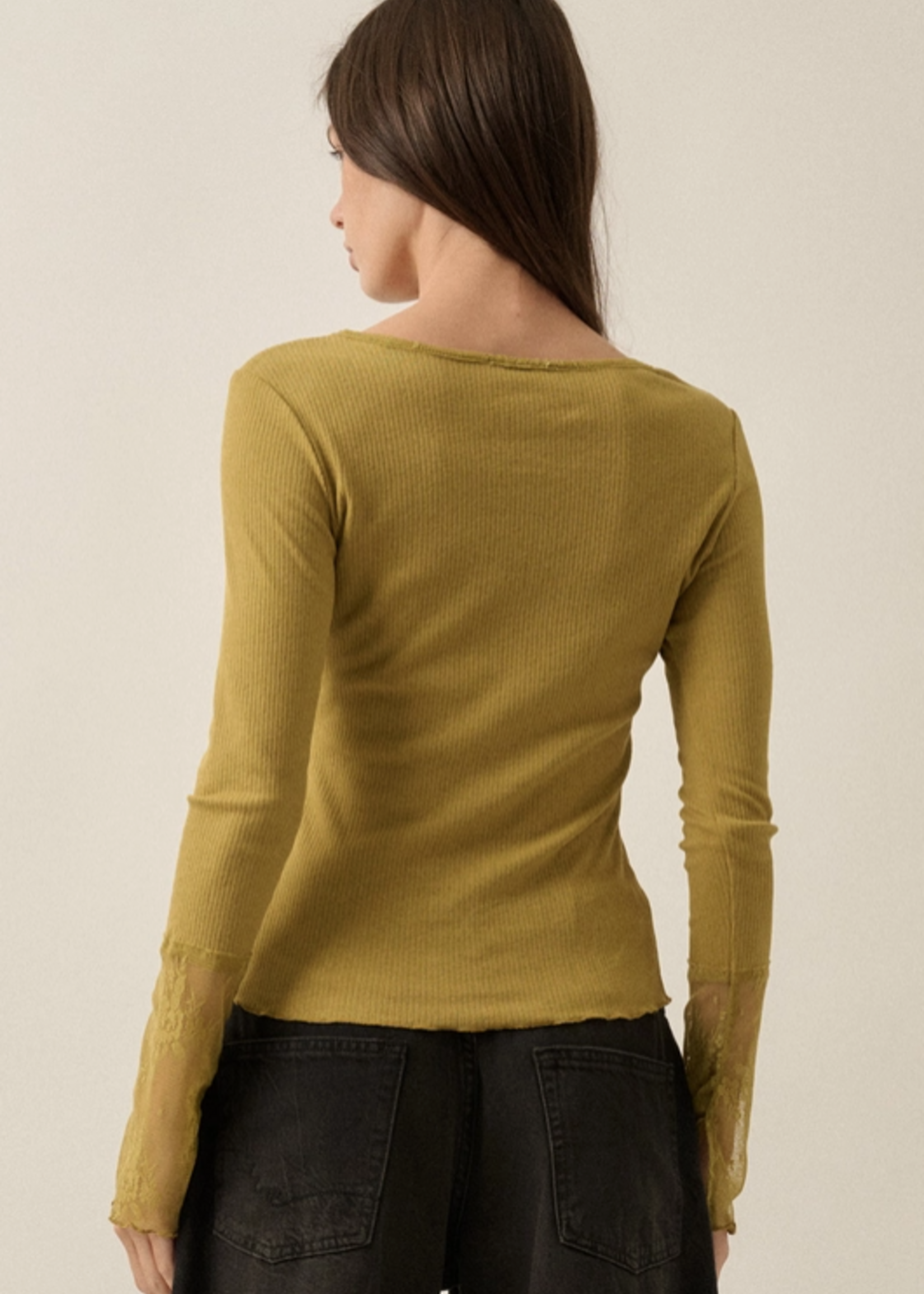 Ribbed Lace-Cuff Fitted Top