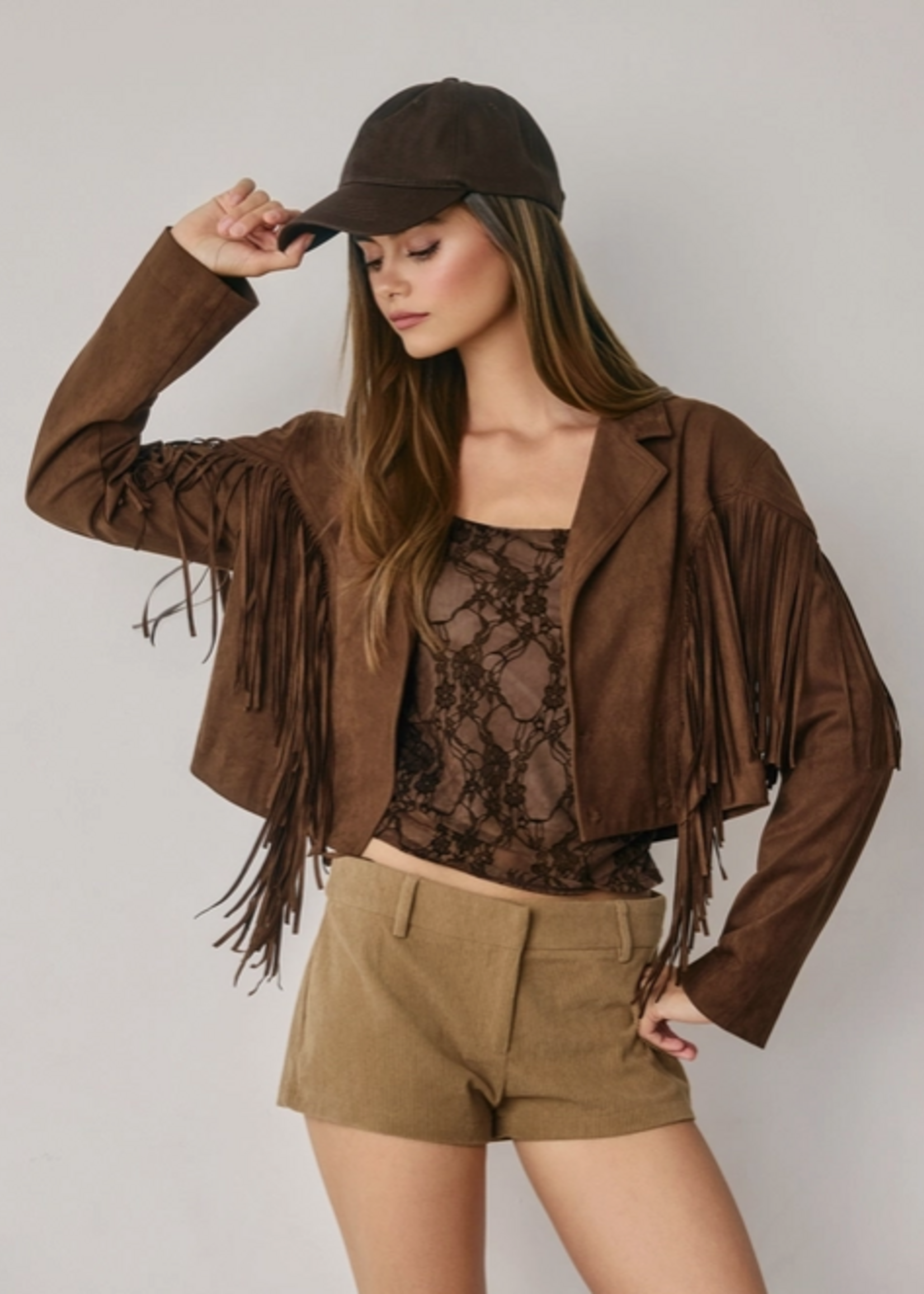 Faux Suede Fringe Cropped Jacket