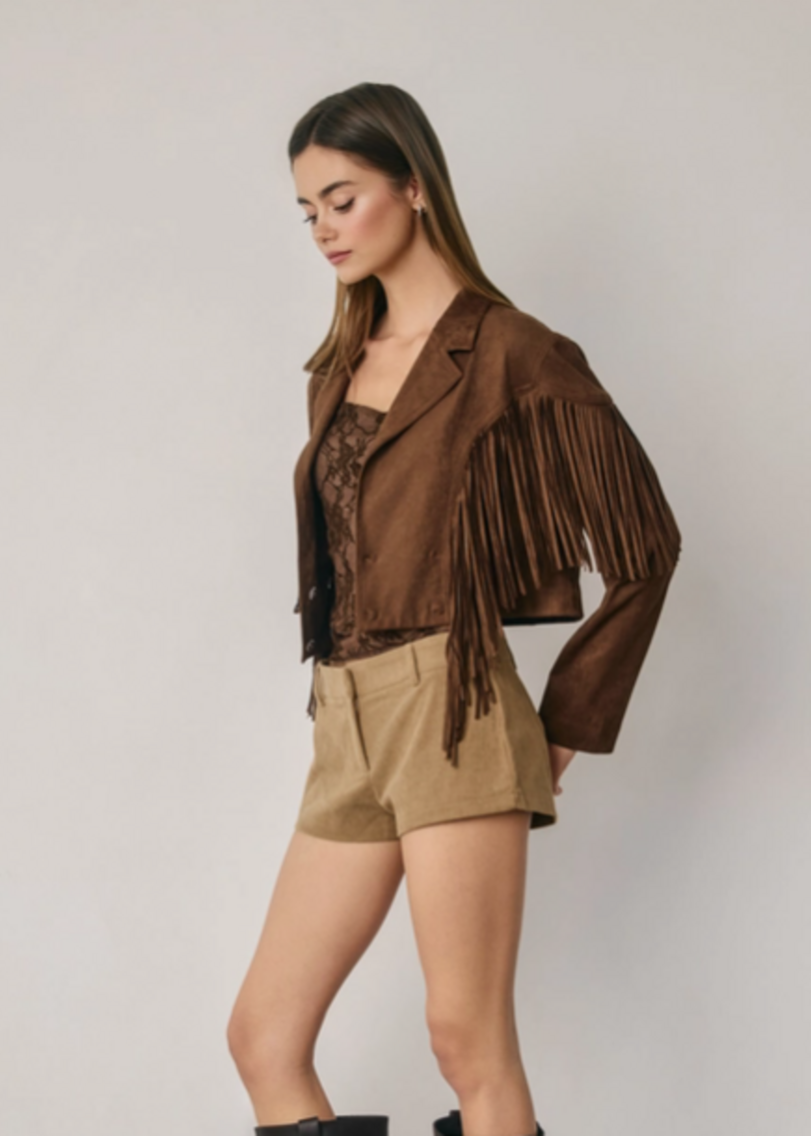 Faux Suede Fringe Cropped Jacket
