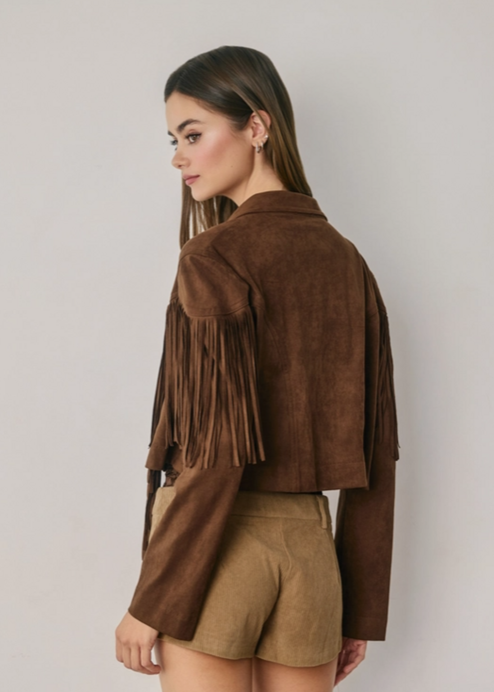 Faux Suede Fringe Cropped Jacket