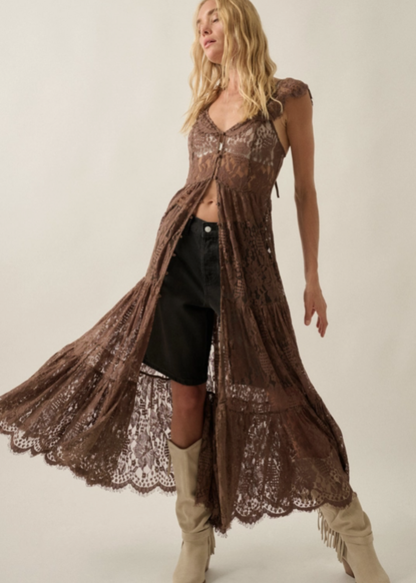 Lace Button-Front Tiered-Ruffle Maxi Top