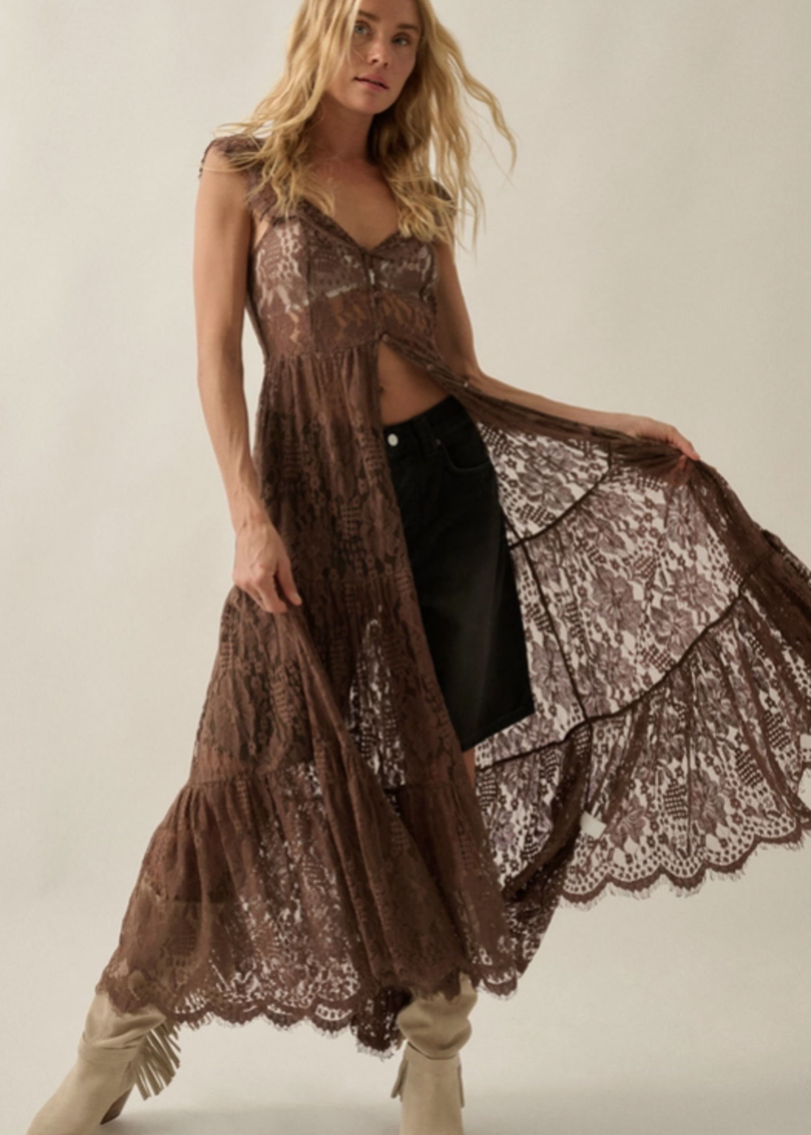 Lace Button-Front Tiered-Ruffle Maxi Top