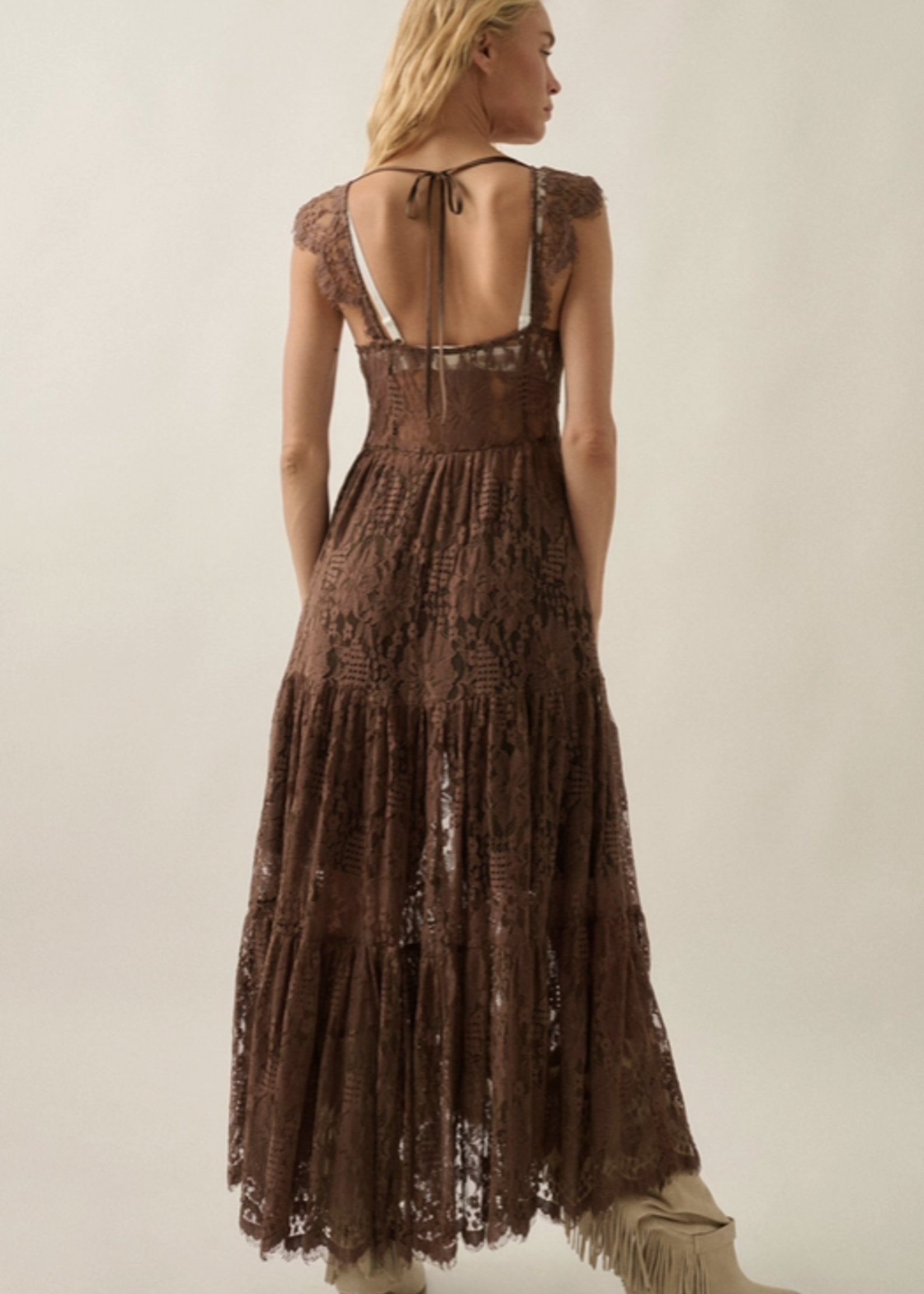 Lace Button-Front Tiered-Ruffle Maxi Top