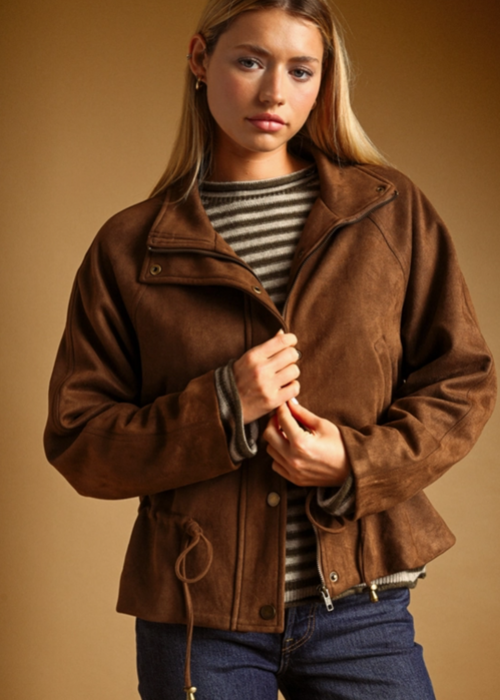 Suede Button Front High Collar Jacket