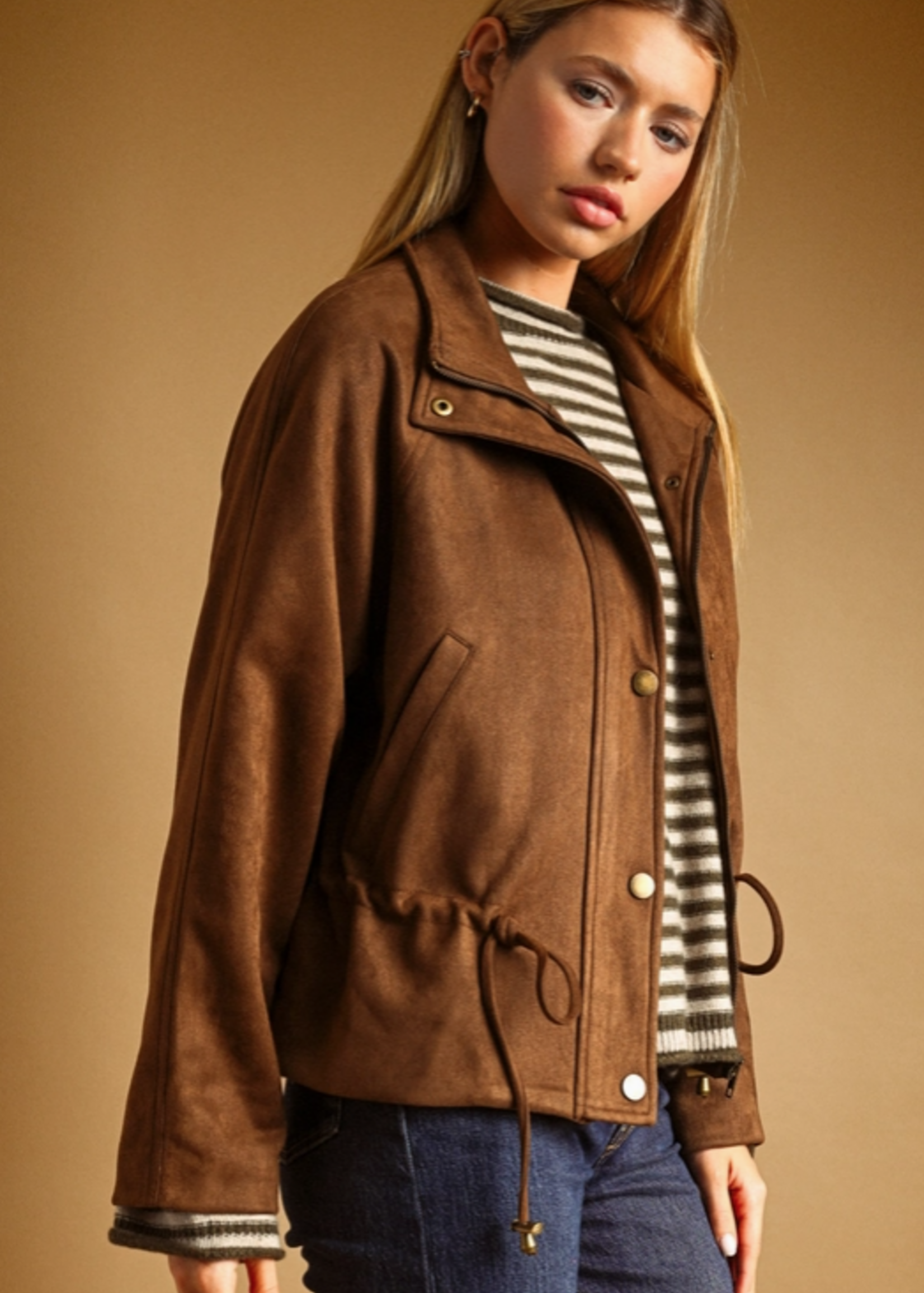 Suede Button Front High Collar Jacket