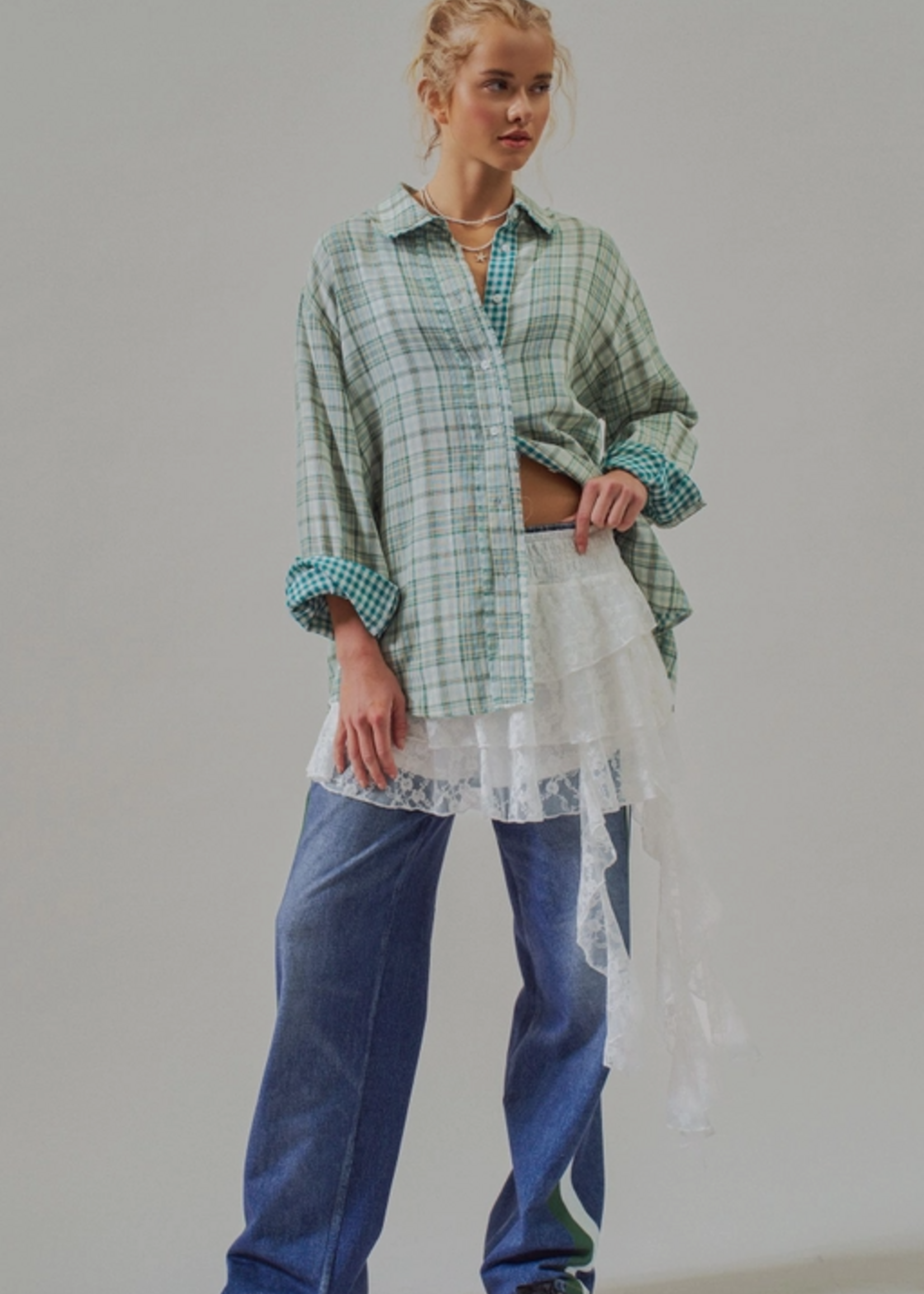 Double Gauze Plaid Oversized Button-Down Shirt
