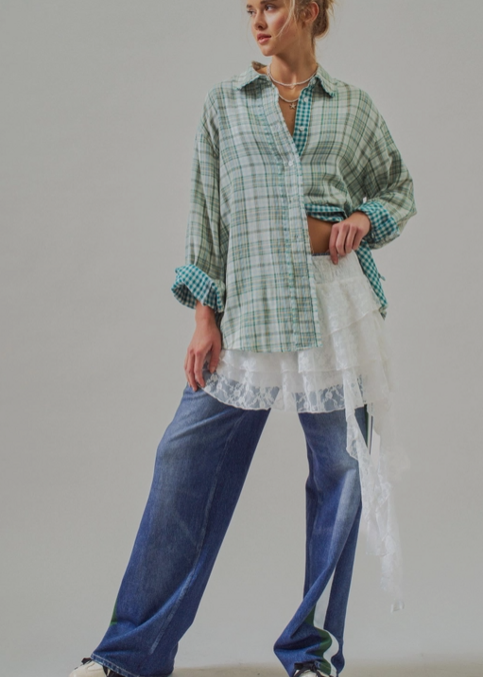 Double Gauze Plaid Oversized Button-Down Shirt