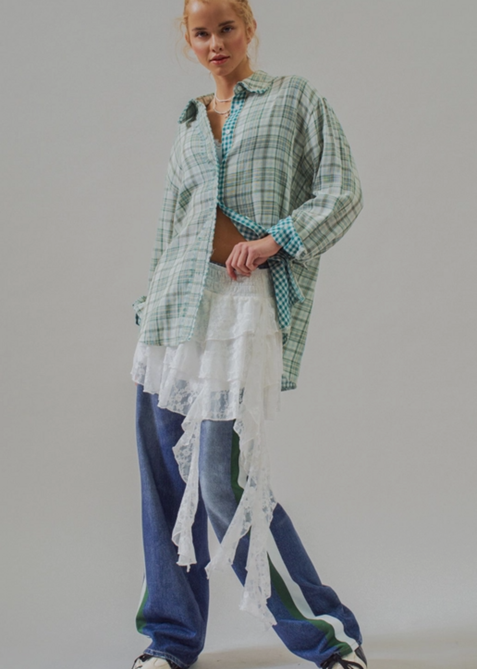 Double Gauze Plaid Oversized Button-Down Shirt