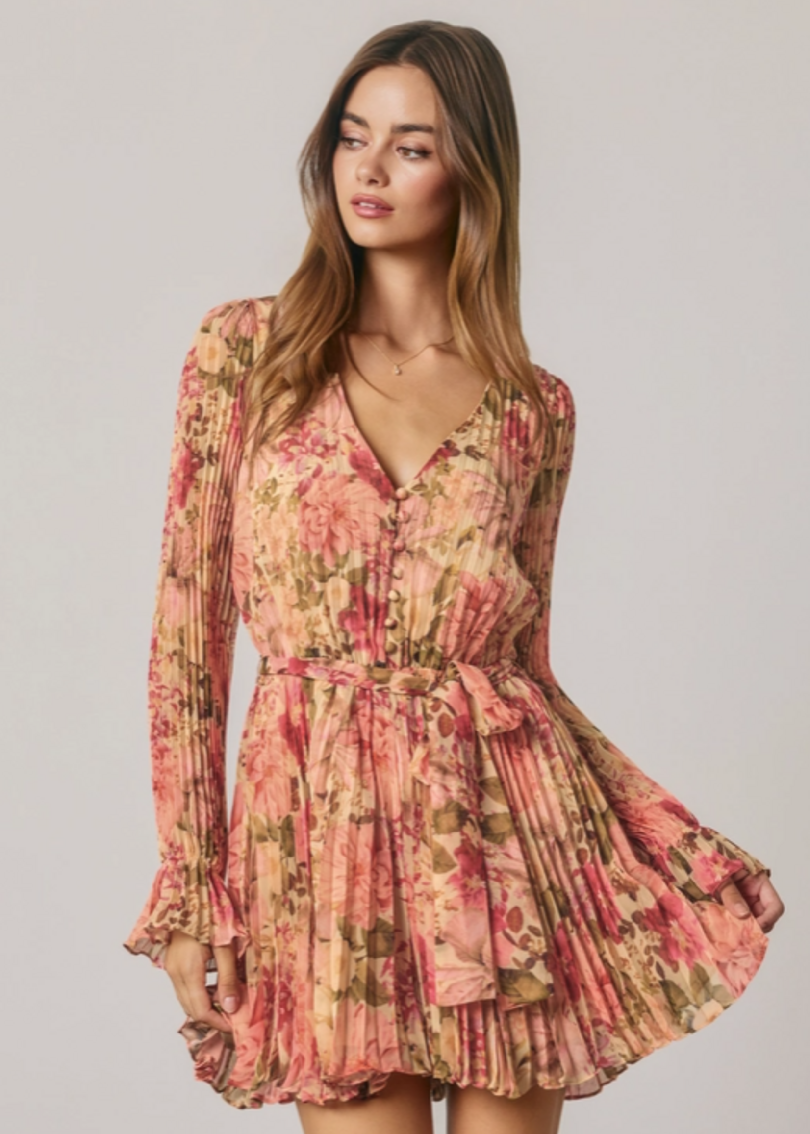 Floral Chiffon Pleated Long Sleeve Romper