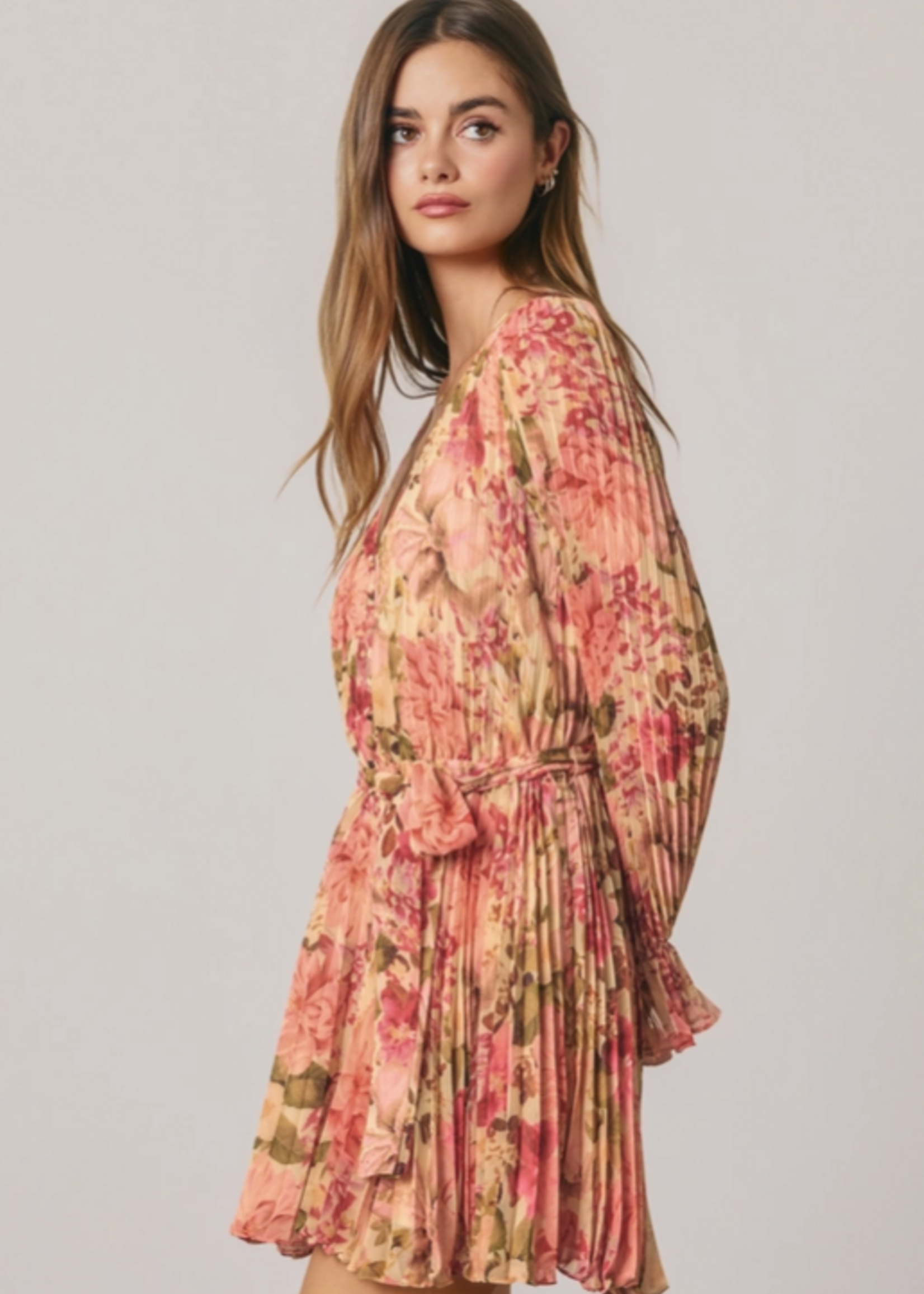 Floral Chiffon Pleated Long Sleeve Romper