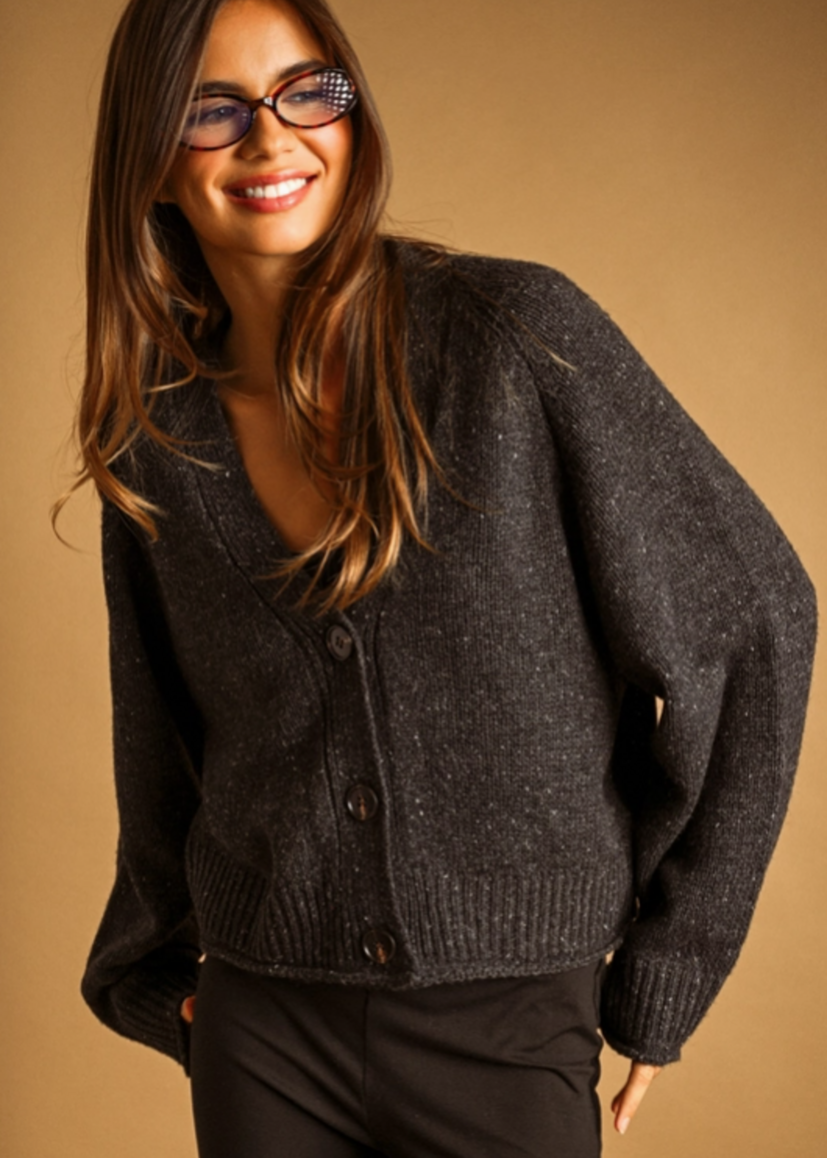V-Neck Button Front Sweater Cardigan Charcoal