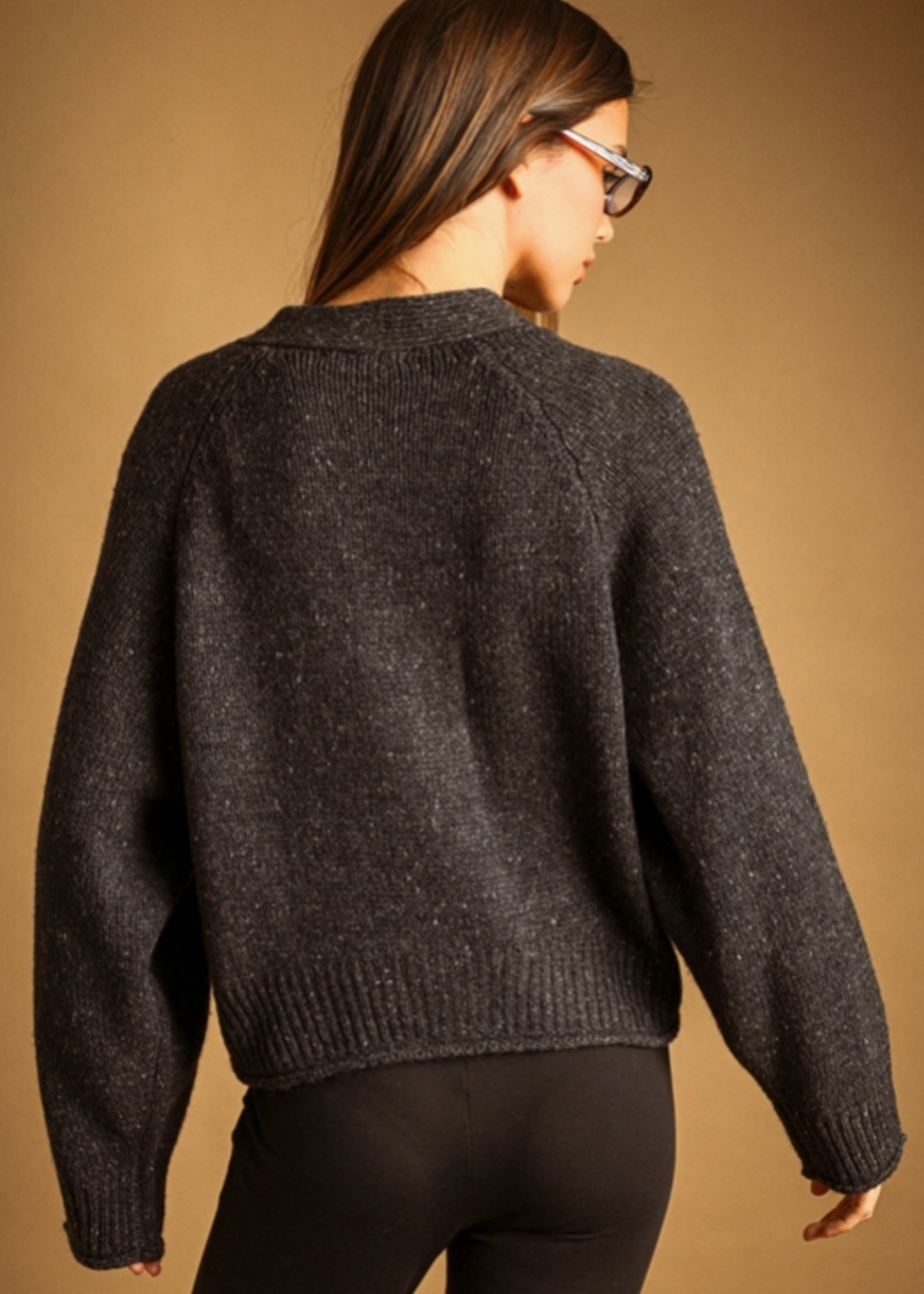 V-Neck Button Front Sweater Cardigan Charcoal