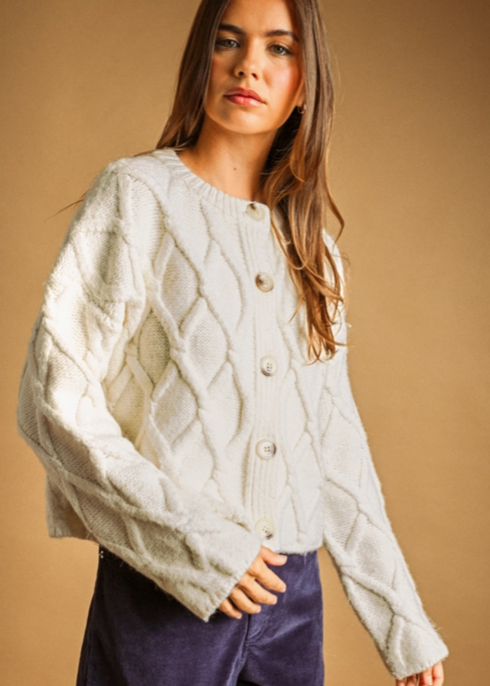 Button Front Cable Knit Cardigan Cream
