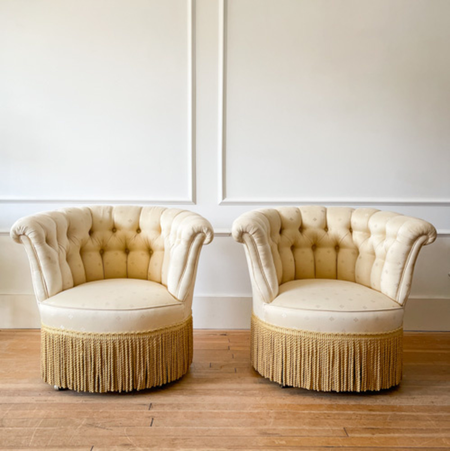 Pair Of Art Deco Button Back Chairs, With Fringe From France C 1900 - Gild  & Co.