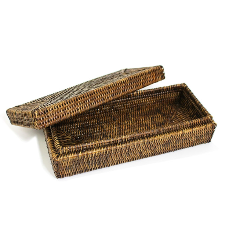 Rattan Rectangular Long Box with Lid - Antique Brown