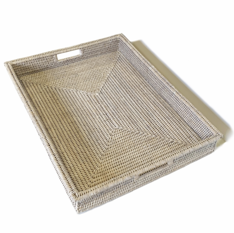 Extra-Large Rectangular Shallow Rattan Tray in White Wash