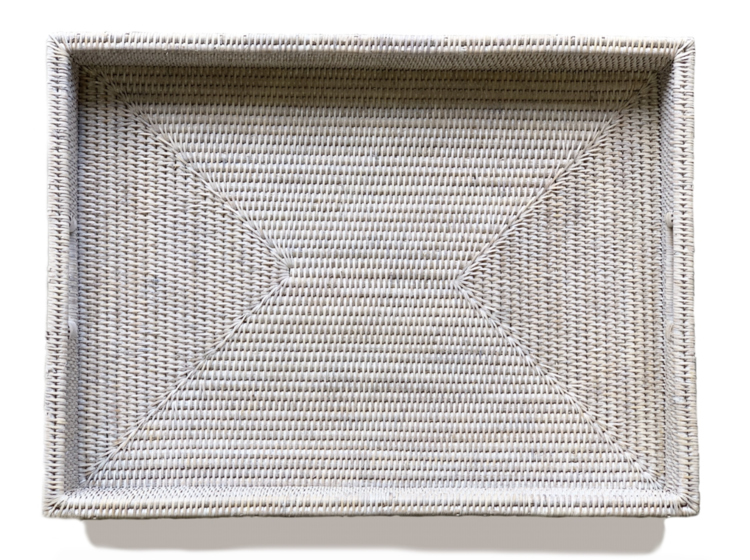 Matahari Home Extra-Large Rectangular Shallow Rattan Tray in White Wash