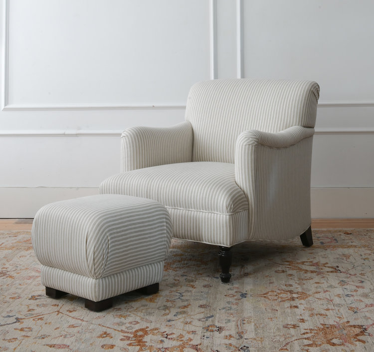 Cotswolds Chair & Footstool in Linen Ticking Stripe