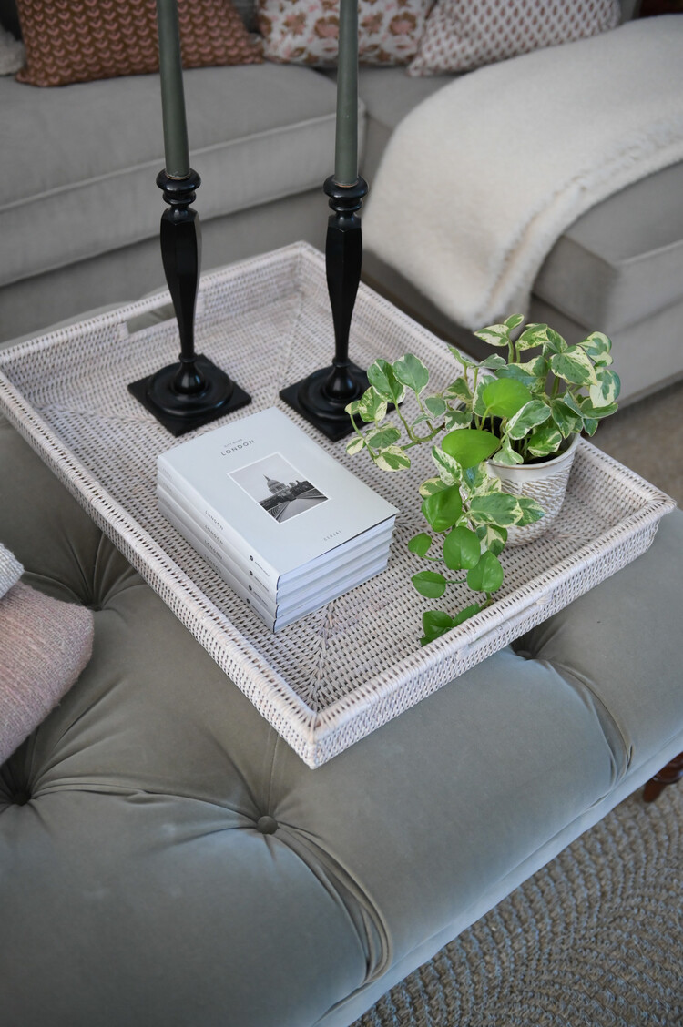 Extra-Large Rectangular Shallow Rattan Tray in White Wash