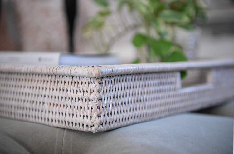 Matahari Home Extra-Large Rectangular Shallow Rattan Tray in White Wash